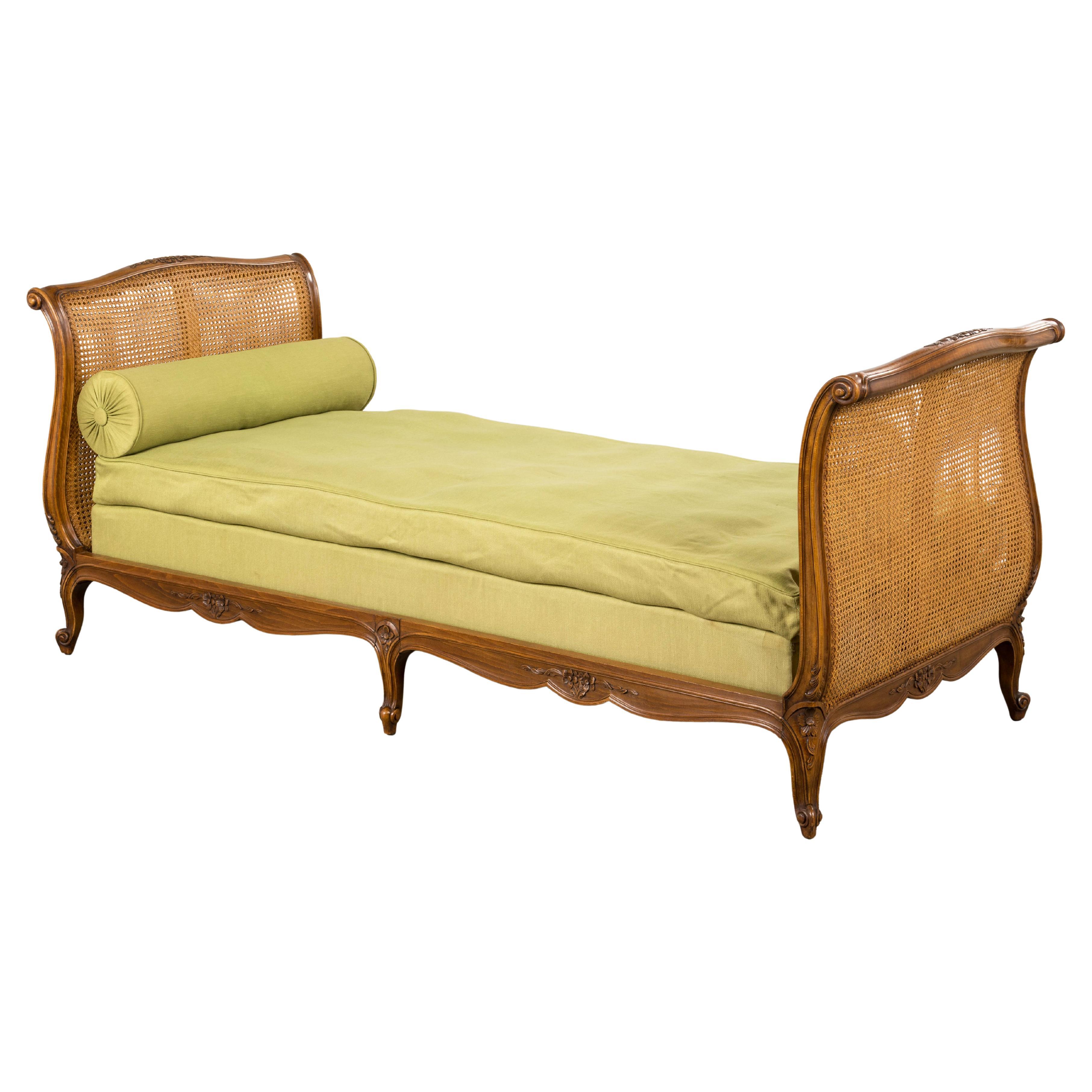 Antique French Louis XV Style Walnut Cane Daybed W/ Light Green Linen For Sale