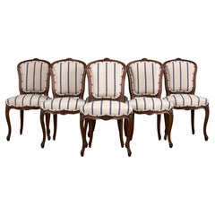 Antique French Louis XV Style Walnut Dining Chairs W/ Striped Fabric - Set of 6