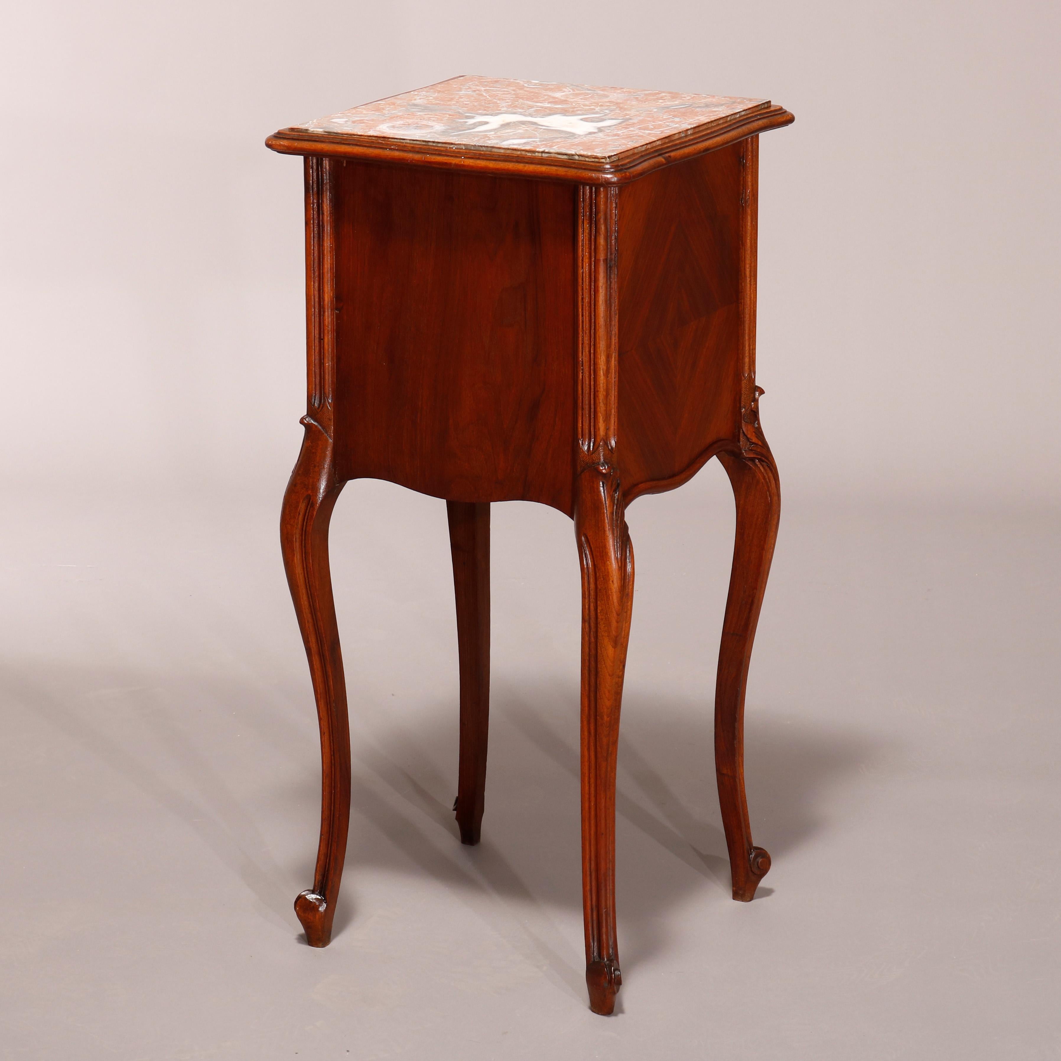 Antique French Louis XV Style Walnut Marble Top & Lined Side Stand, Circa 1890 For Sale 4