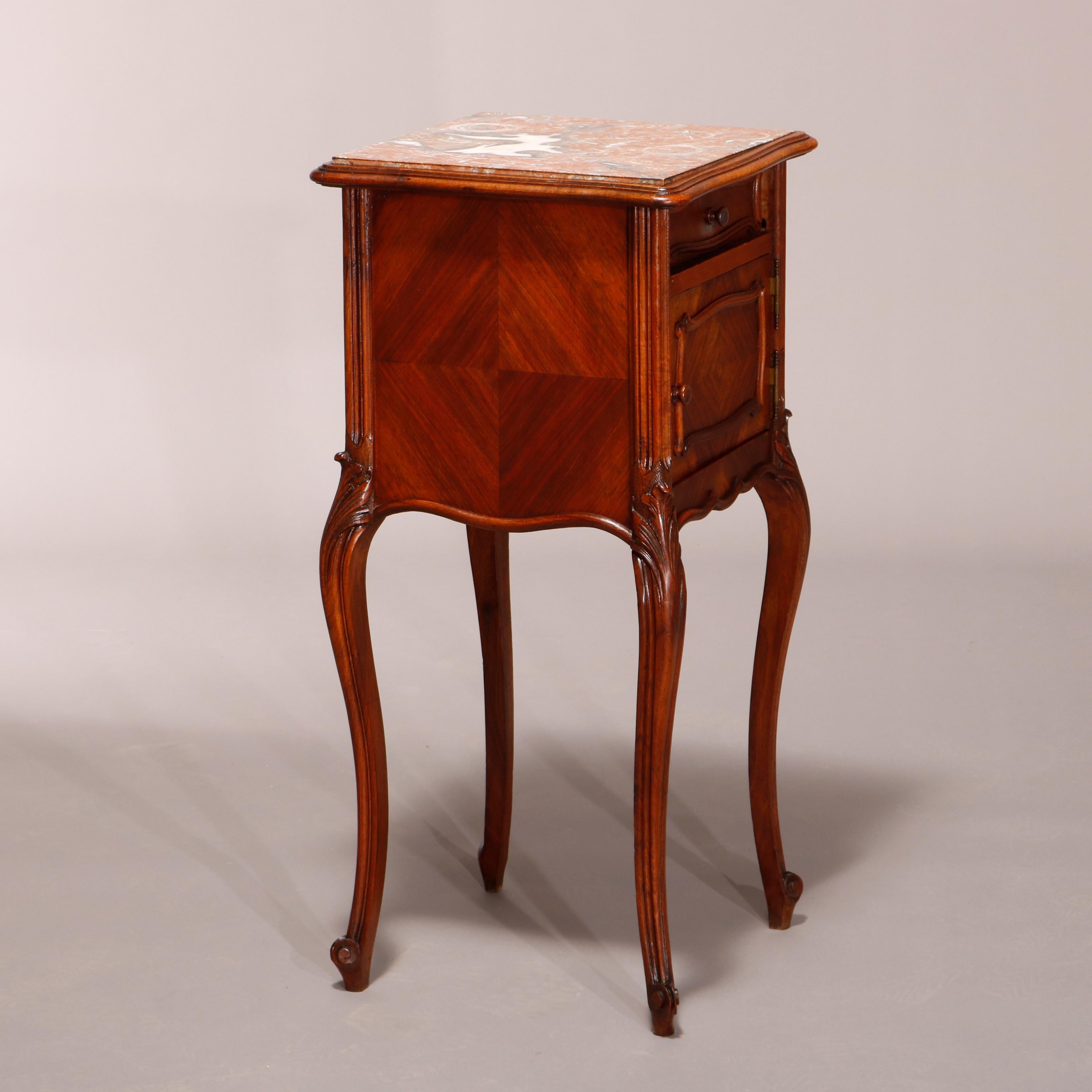 Antique French Louis XV Style Walnut Marble Top & Lined Side Stand, Circa 1890 For Sale 5