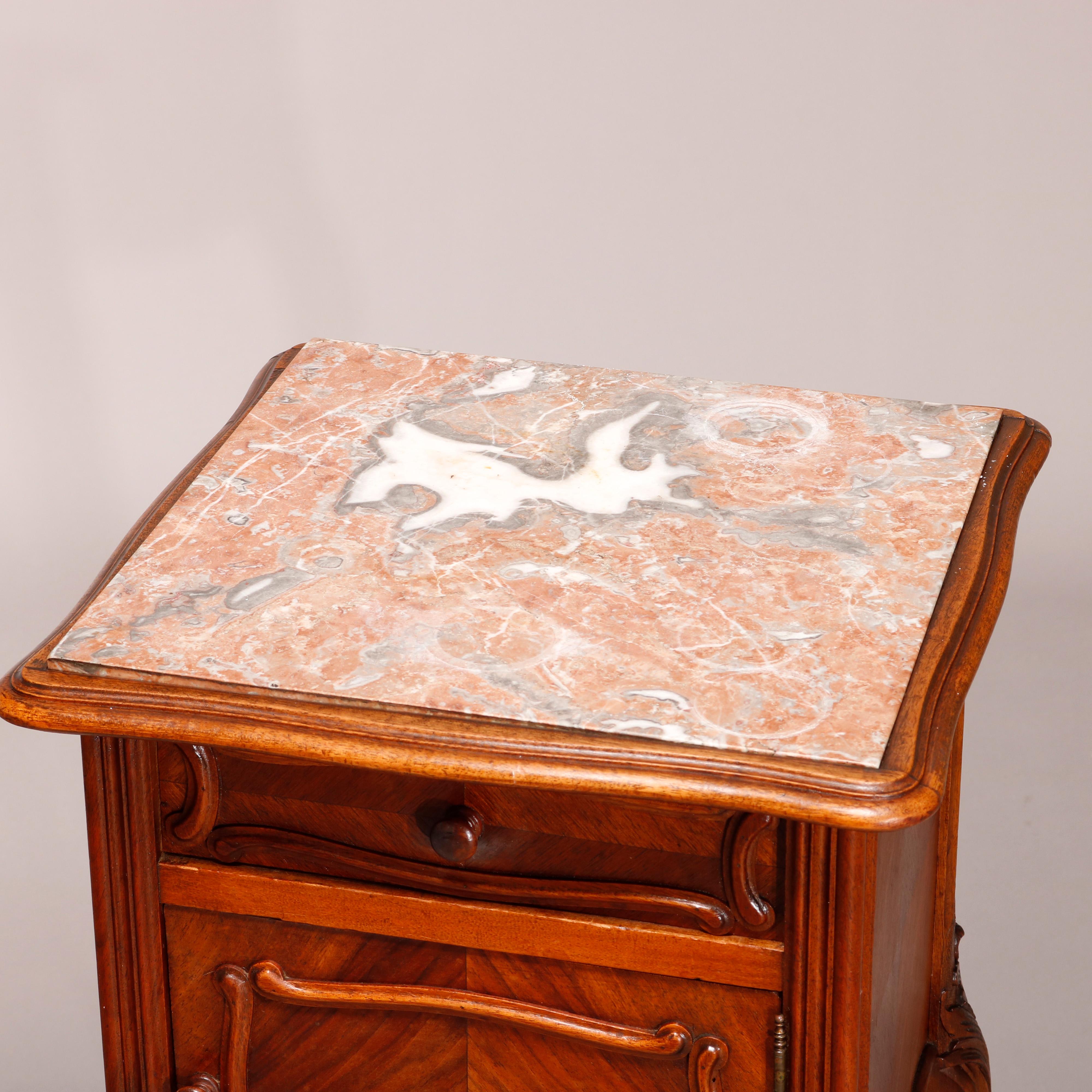 Carved Antique French Louis XV Style Walnut Marble Top & Lined Side Stand, Circa 1890 For Sale