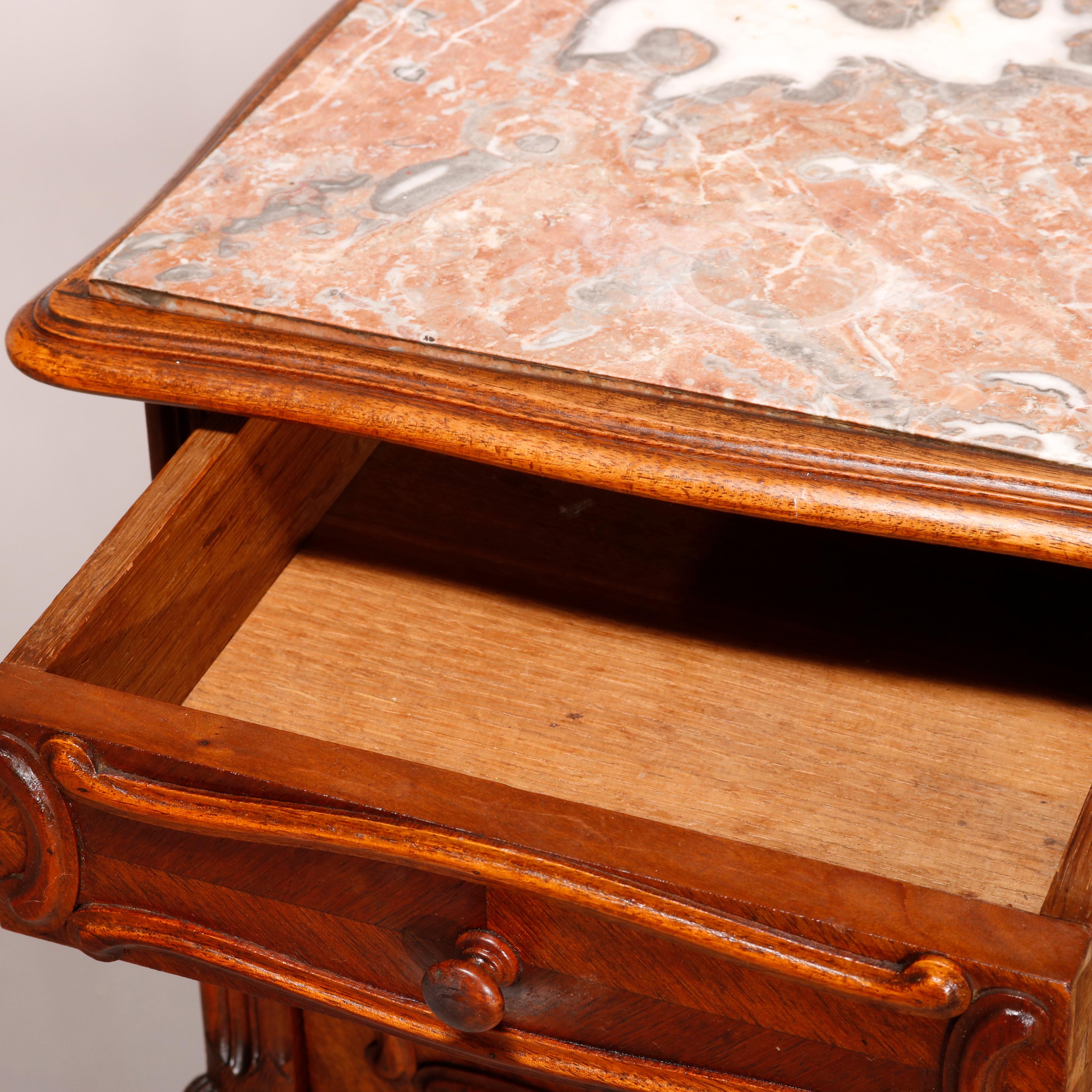 19th Century Antique French Louis XV Style Walnut Marble Top & Lined Side Stand, Circa 1890 For Sale