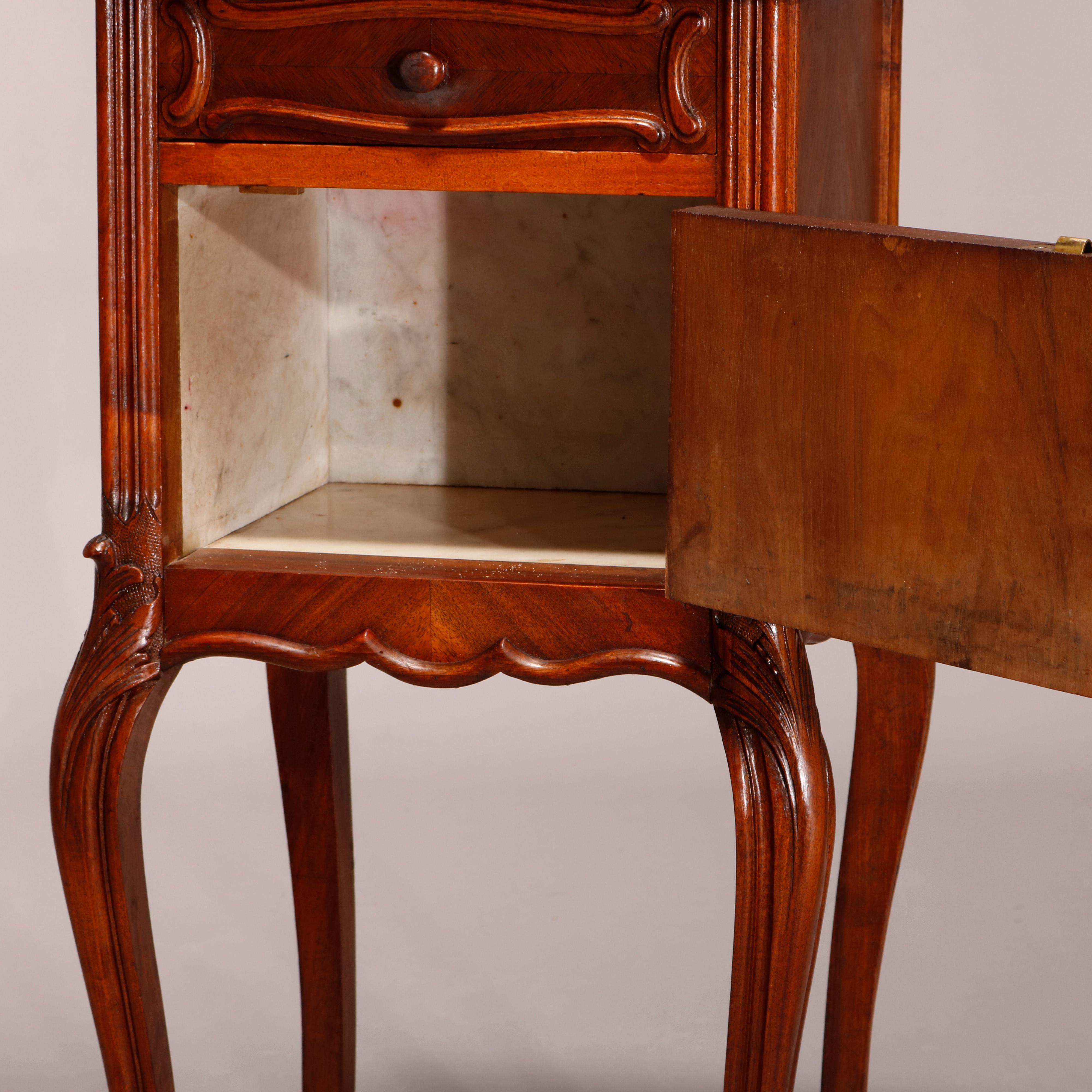 Wood Antique French Louis XV Style Walnut Marble Top & Lined Side Stand, Circa 1890 For Sale