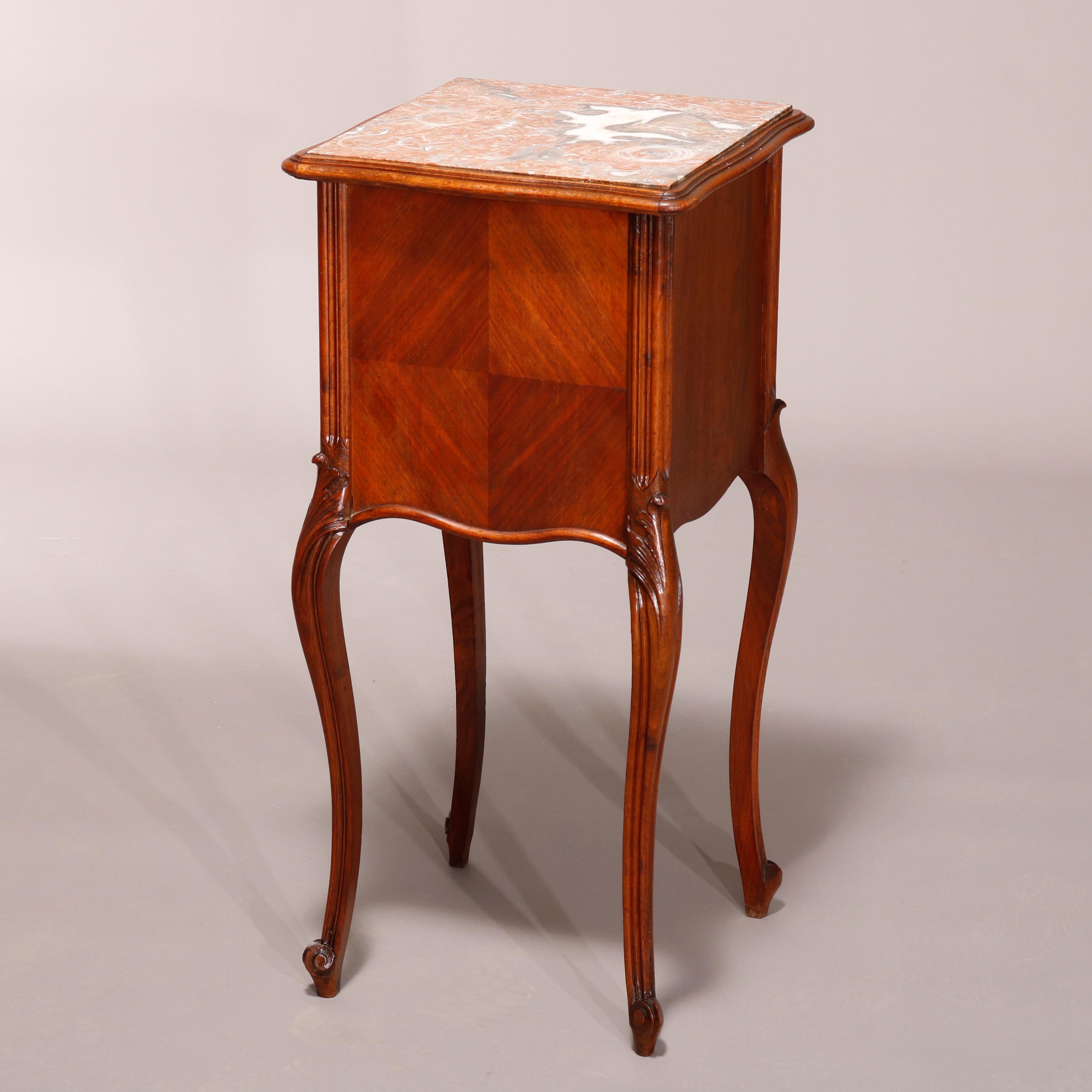 Antique French Louis XV Style Walnut Marble Top & Lined Side Stand, Circa 1890 For Sale 3