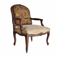 Antique French Louis XV Style Walnut Needlepoint Bergere Fireside Armchair