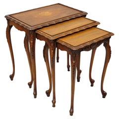 Antique French Louis XV Style Walnut Nesting Side Tables with Floral Inlay
