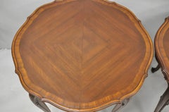 Antique French Louis XV Style Walnut Round Turtle Top Occasional Side Table Pair