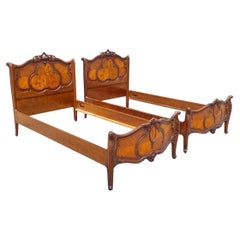 Antique French Louis XV Style Walnut Satinwood Inlay Twin Bed Frames - a Pair