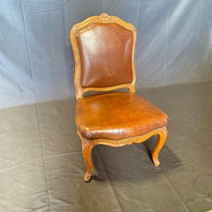 Antique French Louis XV Tobacco Brown Leather Walnut Side Chair