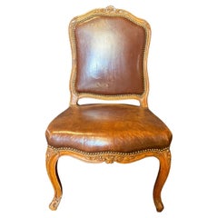 Antique French Louis XV Tobacco Brown Leather Walnut Side Chair
