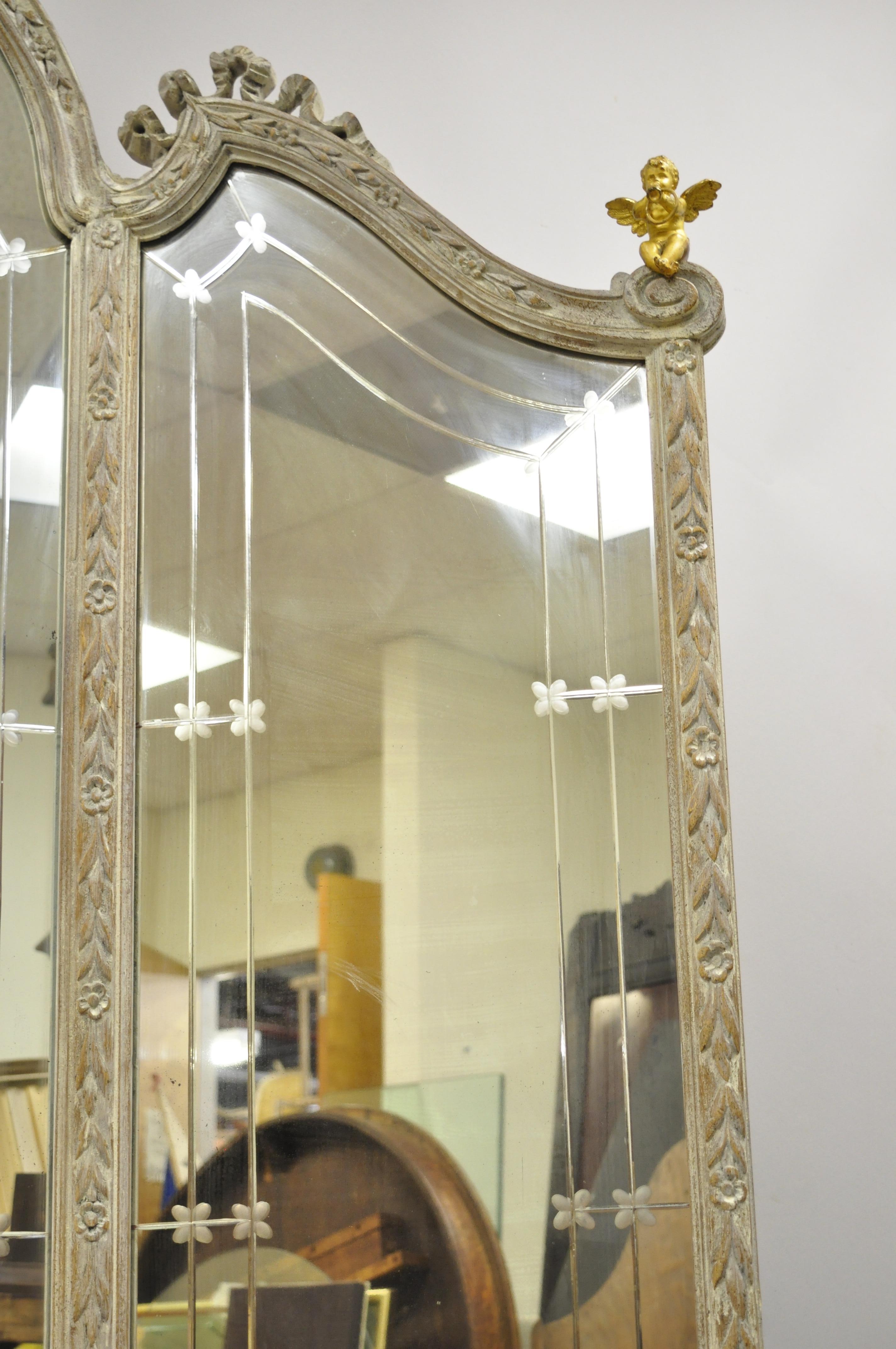 Antique French Louis XV Triple Tall Dressing Mirror Pink Marble Bronze Cherubs 7