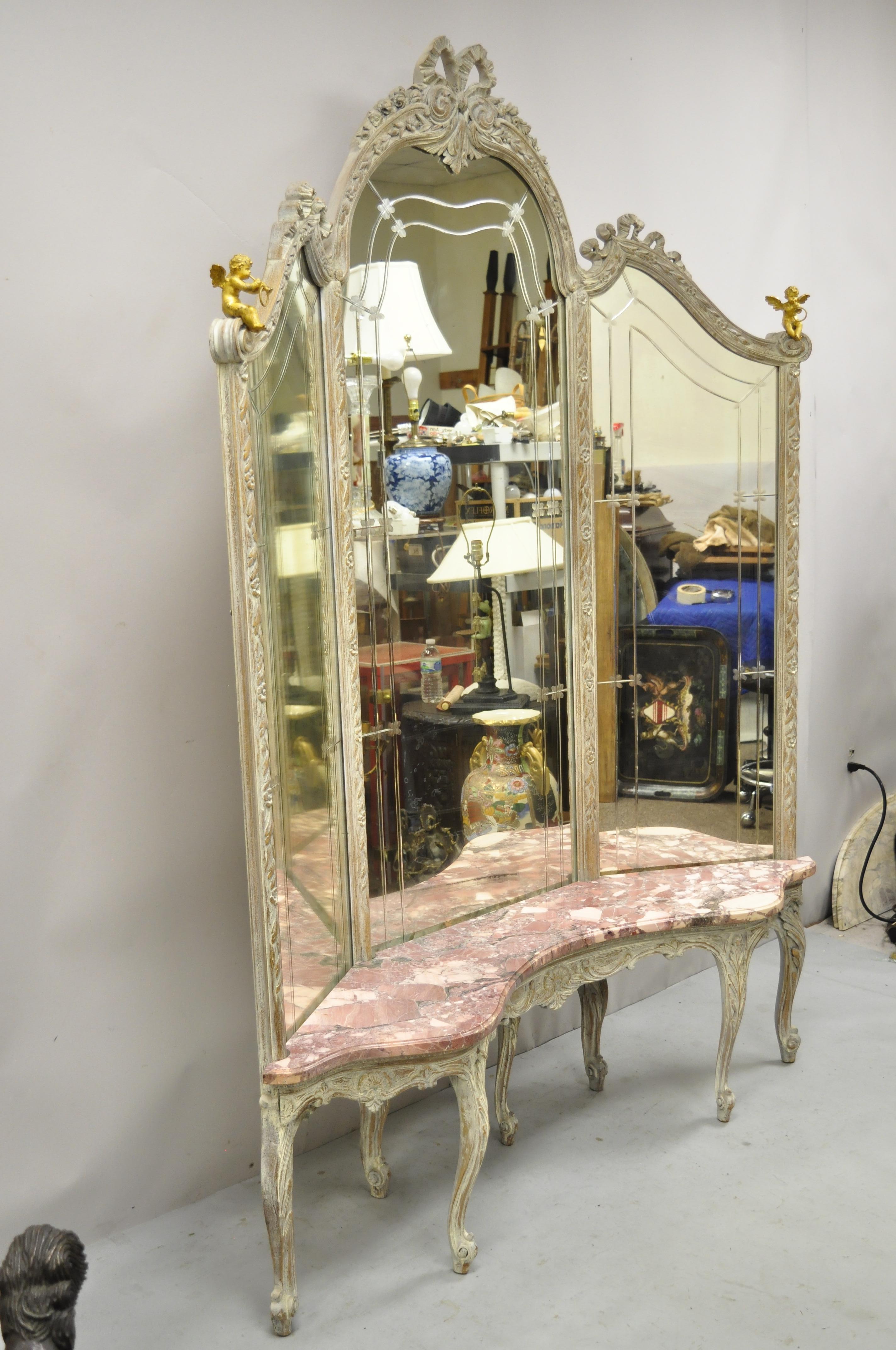 Antique French Louis XV Triple Tall Dressing Mirror Pink Marble Bronze Cherubs 8