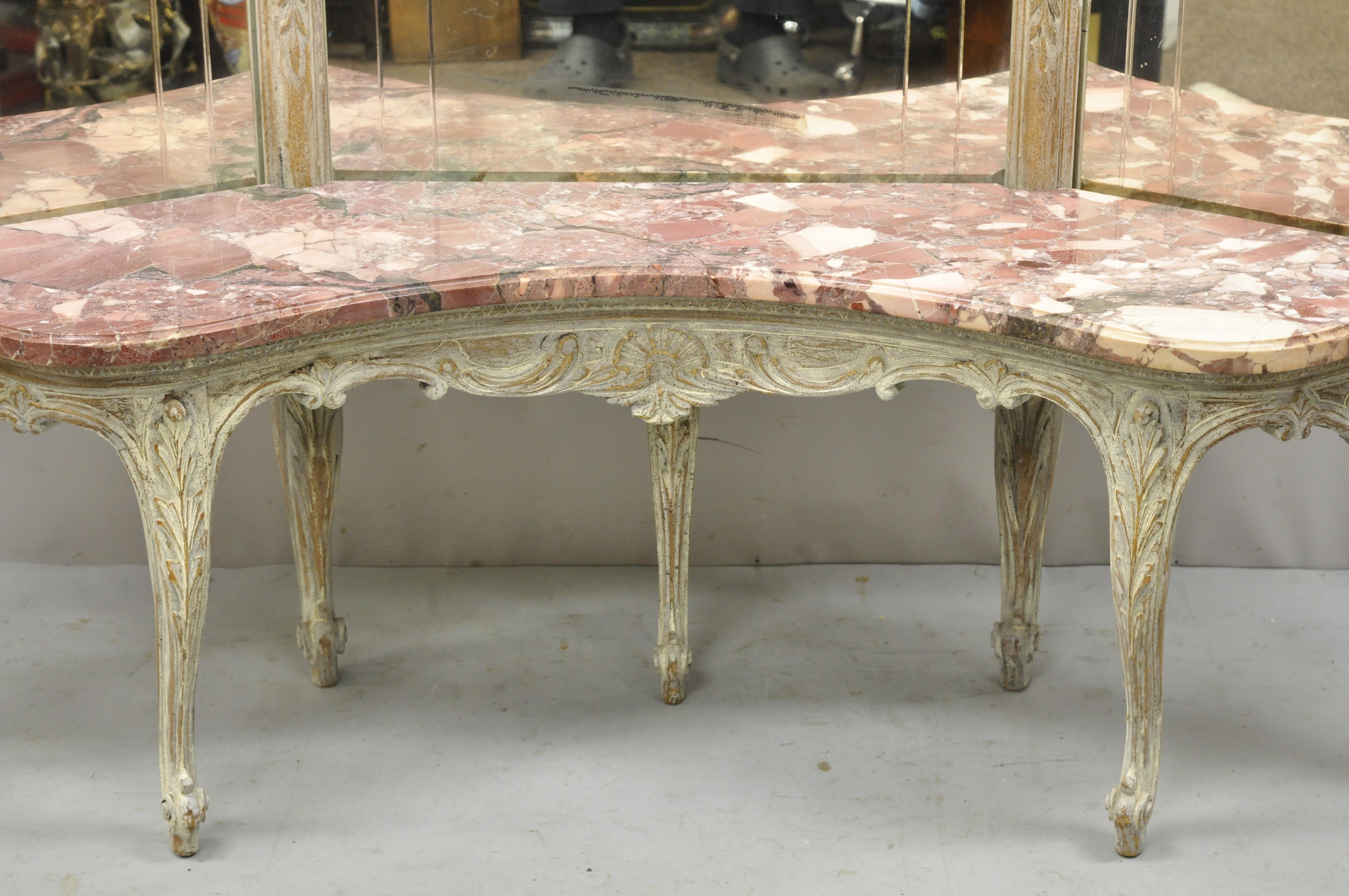 Antique French Louis XV Triple Tall Dressing Mirror Pink Marble Bronze Cherubs In Good Condition In Philadelphia, PA