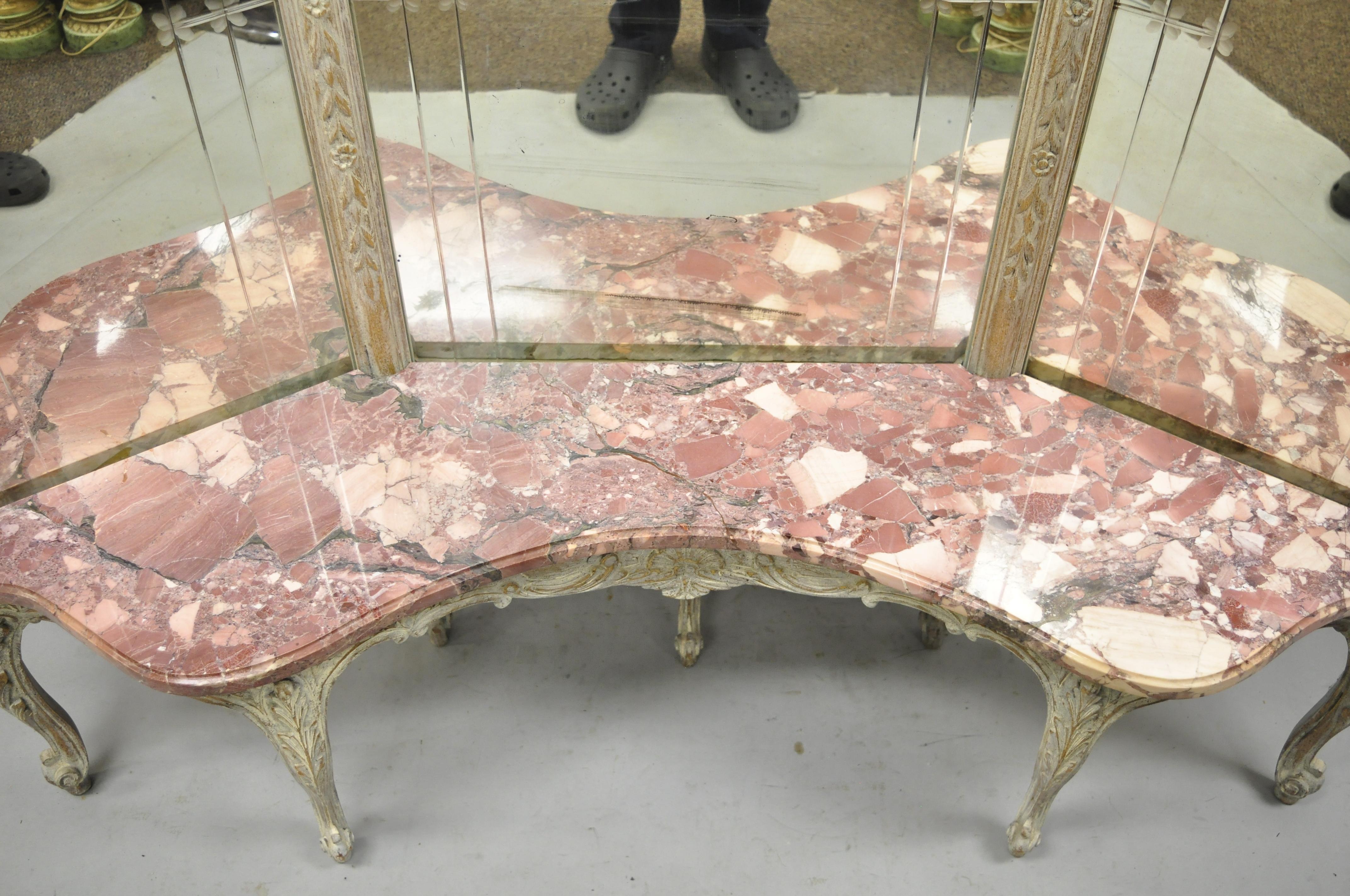20th Century Antique French Louis XV Triple Tall Dressing Mirror Pink Marble Bronze Cherubs
