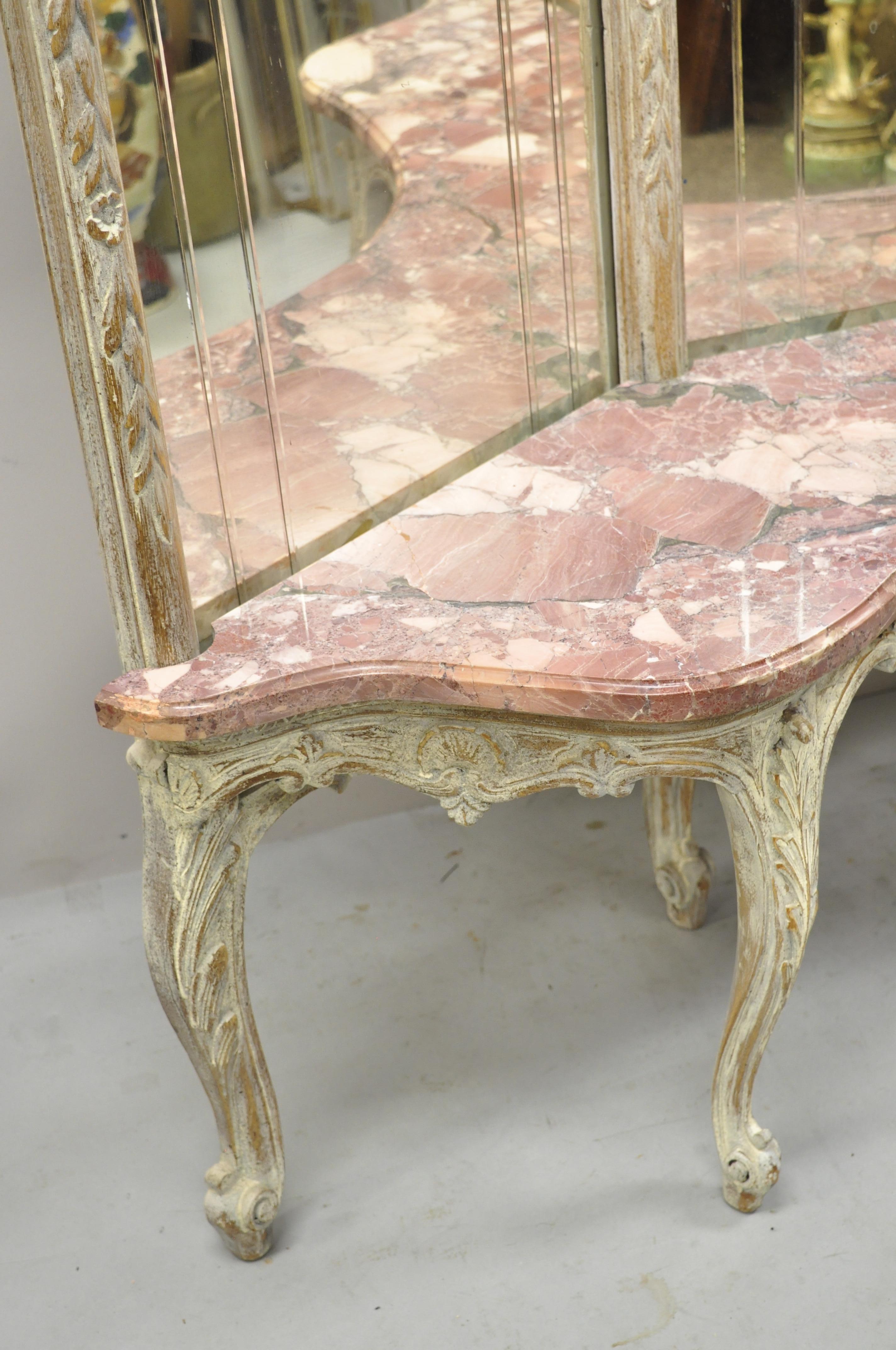 Antique French Louis XV Triple Tall Dressing Mirror Pink Marble Bronze Cherubs 3