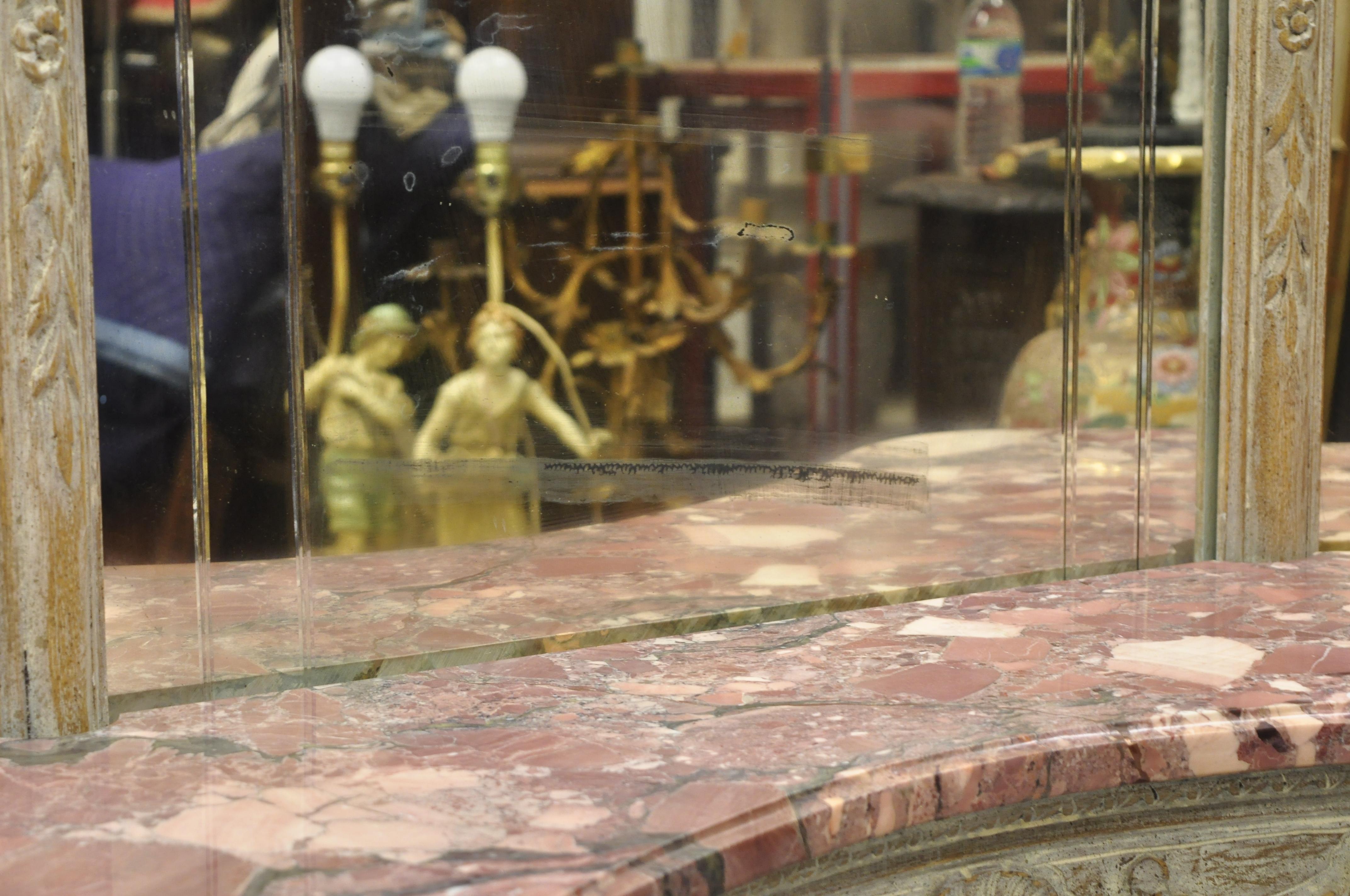 Antique French Louis XV Triple Tall Dressing Mirror Pink Marble Bronze Cherubs 4