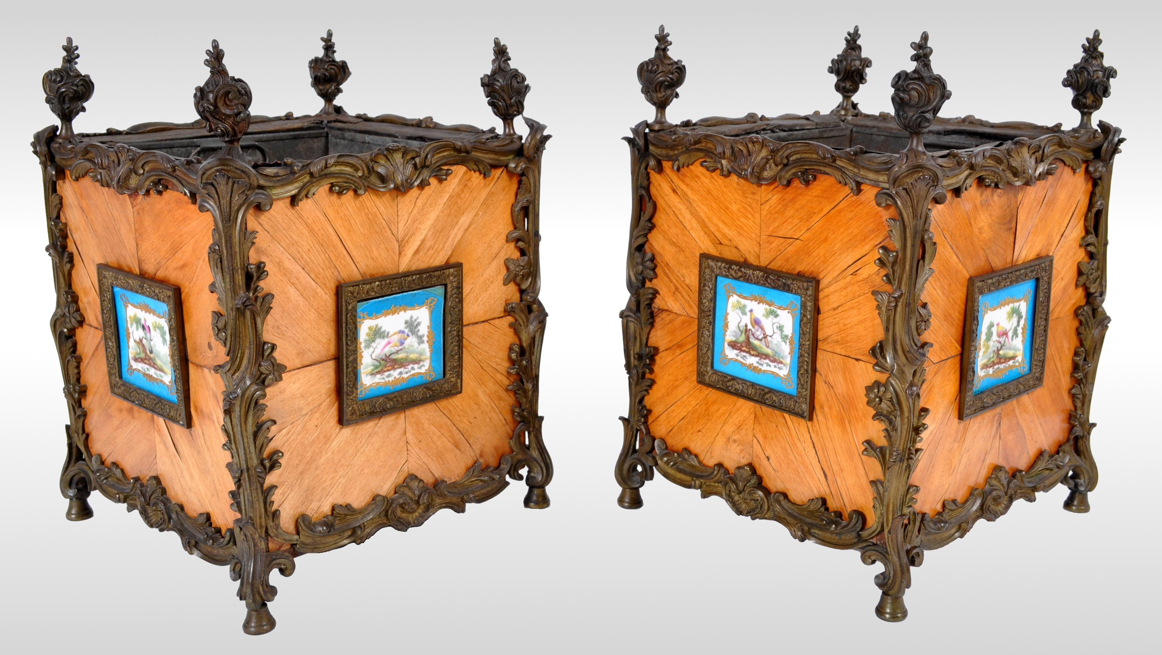 Painted Antique French Louis XV Tulipwood and Sèvres Porcelain Jardinières, circa 1870 For Sale