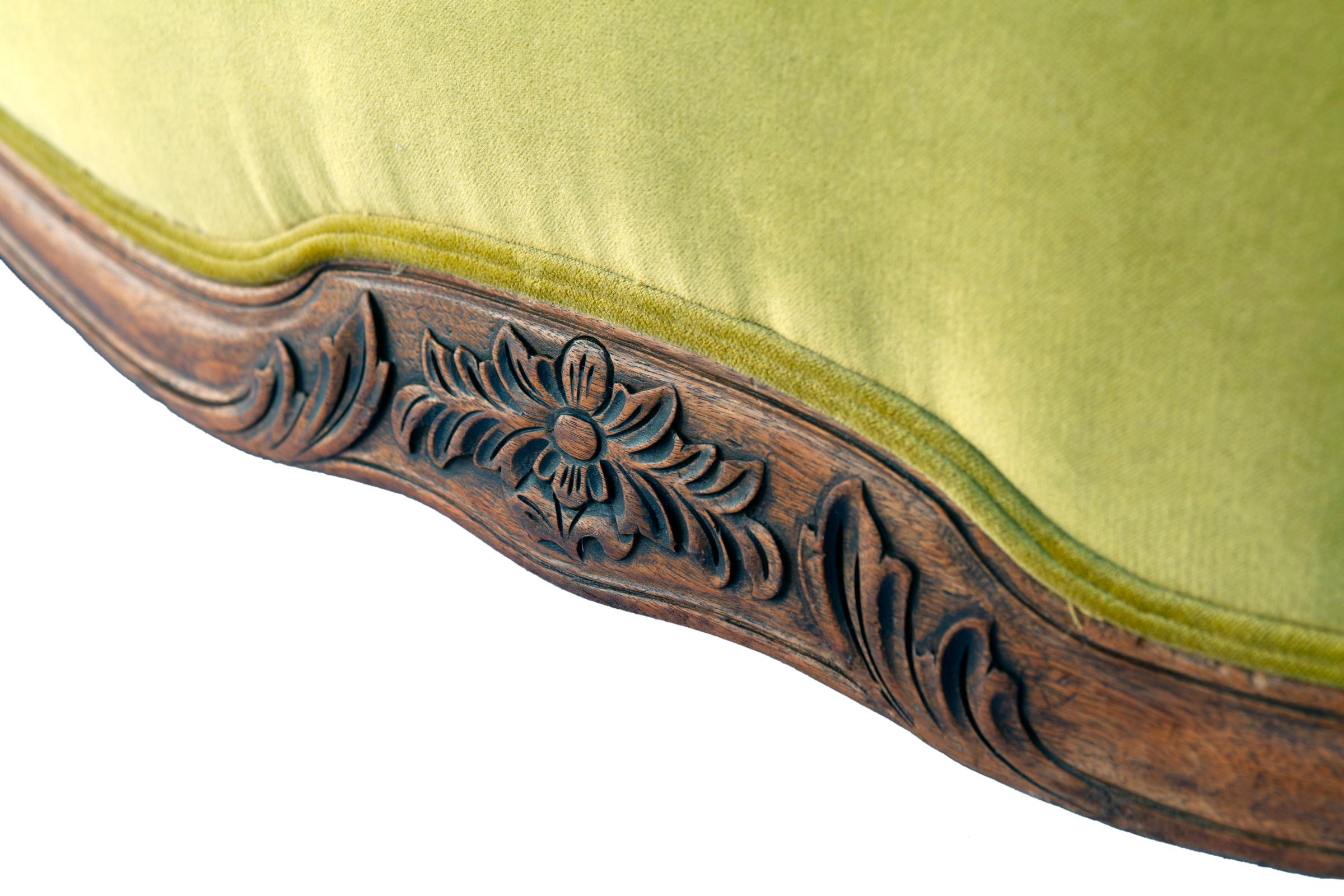 Hand-Carved Antique French Louis XV Velvet Sofa For Sale