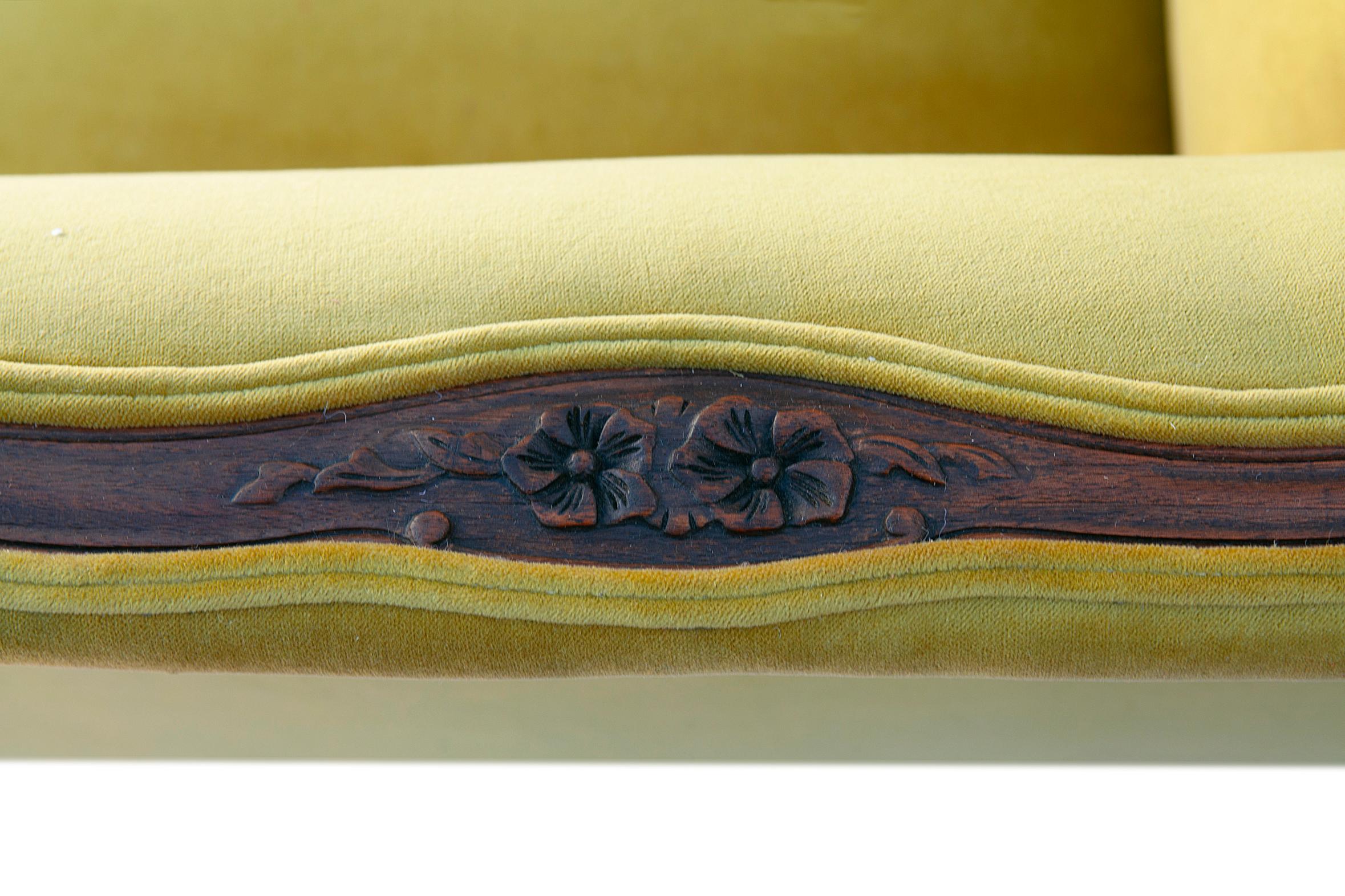 Walnut Antique French Louis XV Velvet Sofa For Sale