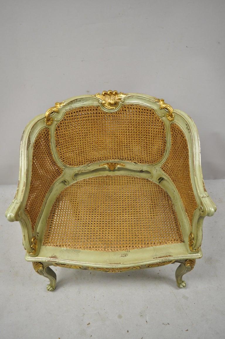 Antique French Louis XV Victorian Distressed Green Gold Gilt Cane Bergere Chair In Good Condition For Sale In Philadelphia, PA