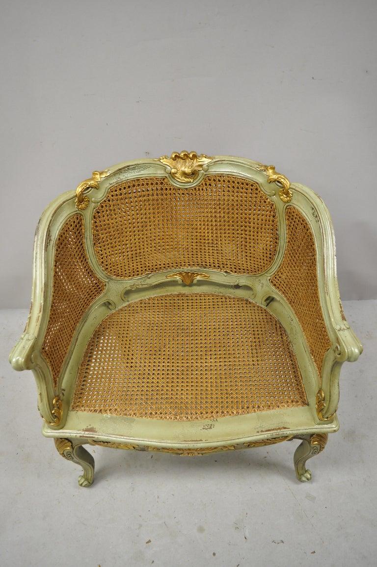 Antique French Louis XV Victorian Distressed Green Gold Gilt Cane Bergere Chair In Good Condition In Philadelphia, PA