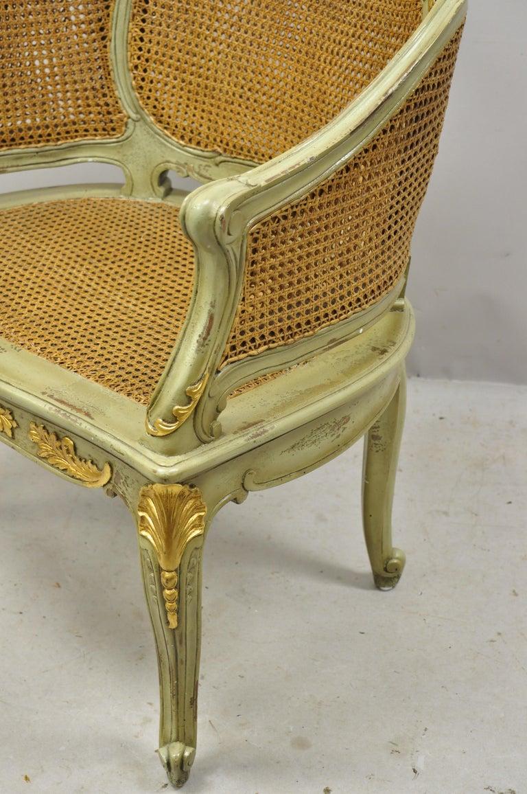 Antique French Louis XV Victorian Distressed Green Gold Gilt Cane Bergere Chair For Sale 1