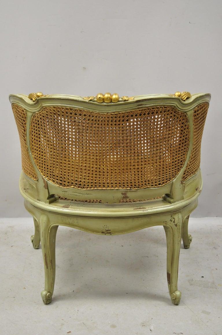 Antique French Louis XV Victorian Distressed Green Gold Gilt Cane Bergere Chair For Sale 2
