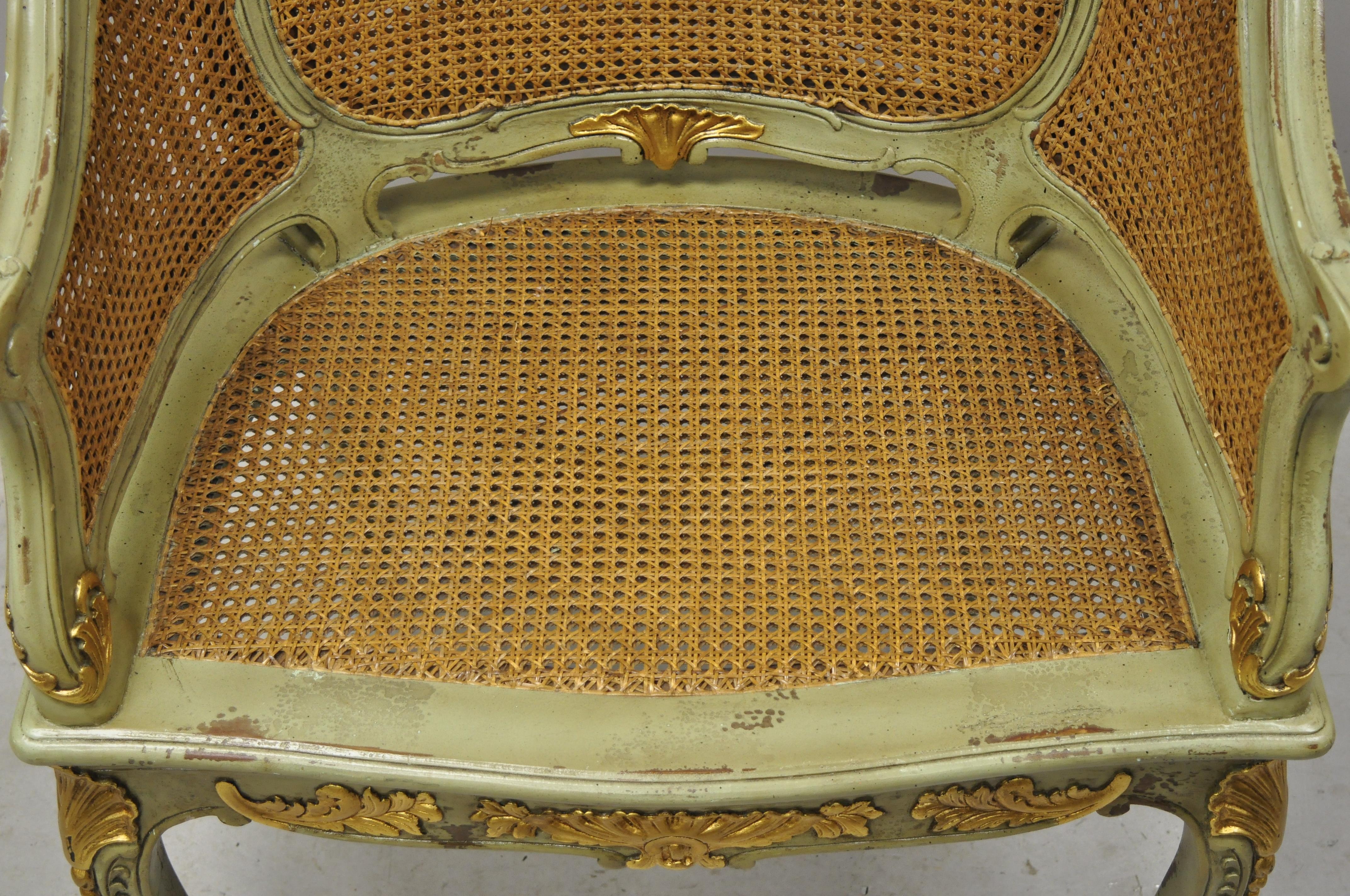 20th Century Antique French Louis XV Victorian Distressed Green Gold Gilt Cane Bergere Chair