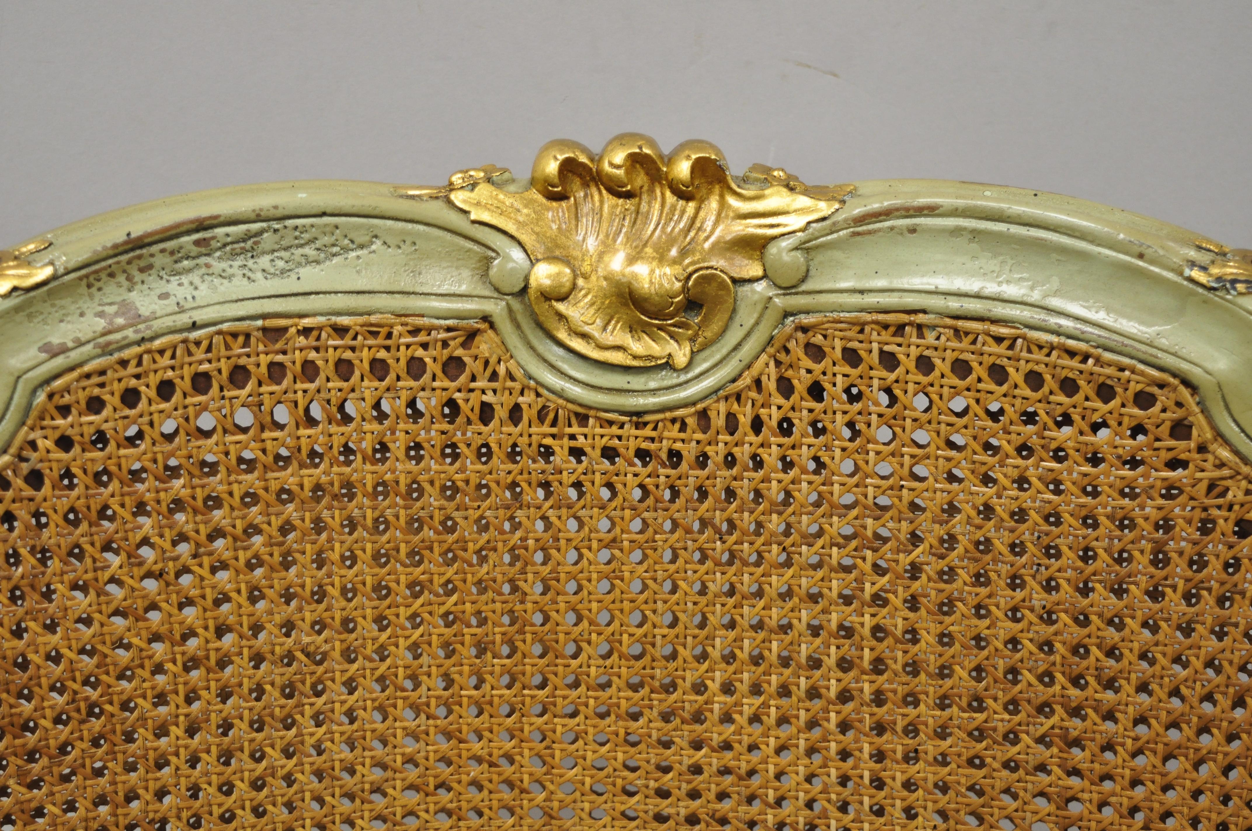 Antique French Louis XV Victorian Distressed Green Gold Gilt Cane Bergere Chair 2