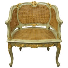 Antique French Louis XV Victorian Distressed Green Gold Gilt Cane Bergere Chair