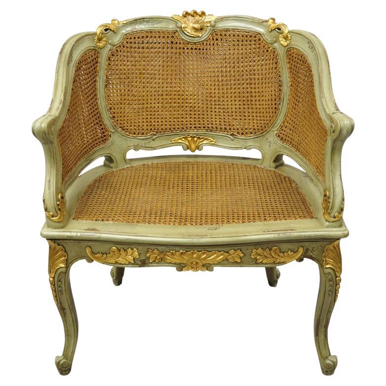 Antique French Louis XV Victorian Distressed Green Gold Gilt Cane Bergere Chair For Sale
