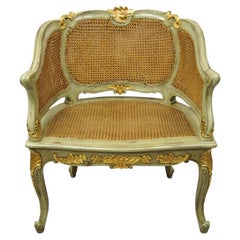 Antique French Louis XV Victorian Distressed Green Gold Gilt Cane Bergere Chair