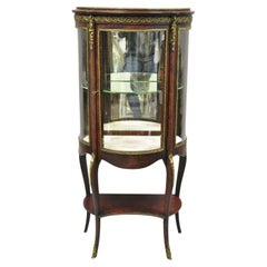 Antique French Louis XV Victorian Mahogany Bowed Glass Curio Vitrine Cabinet