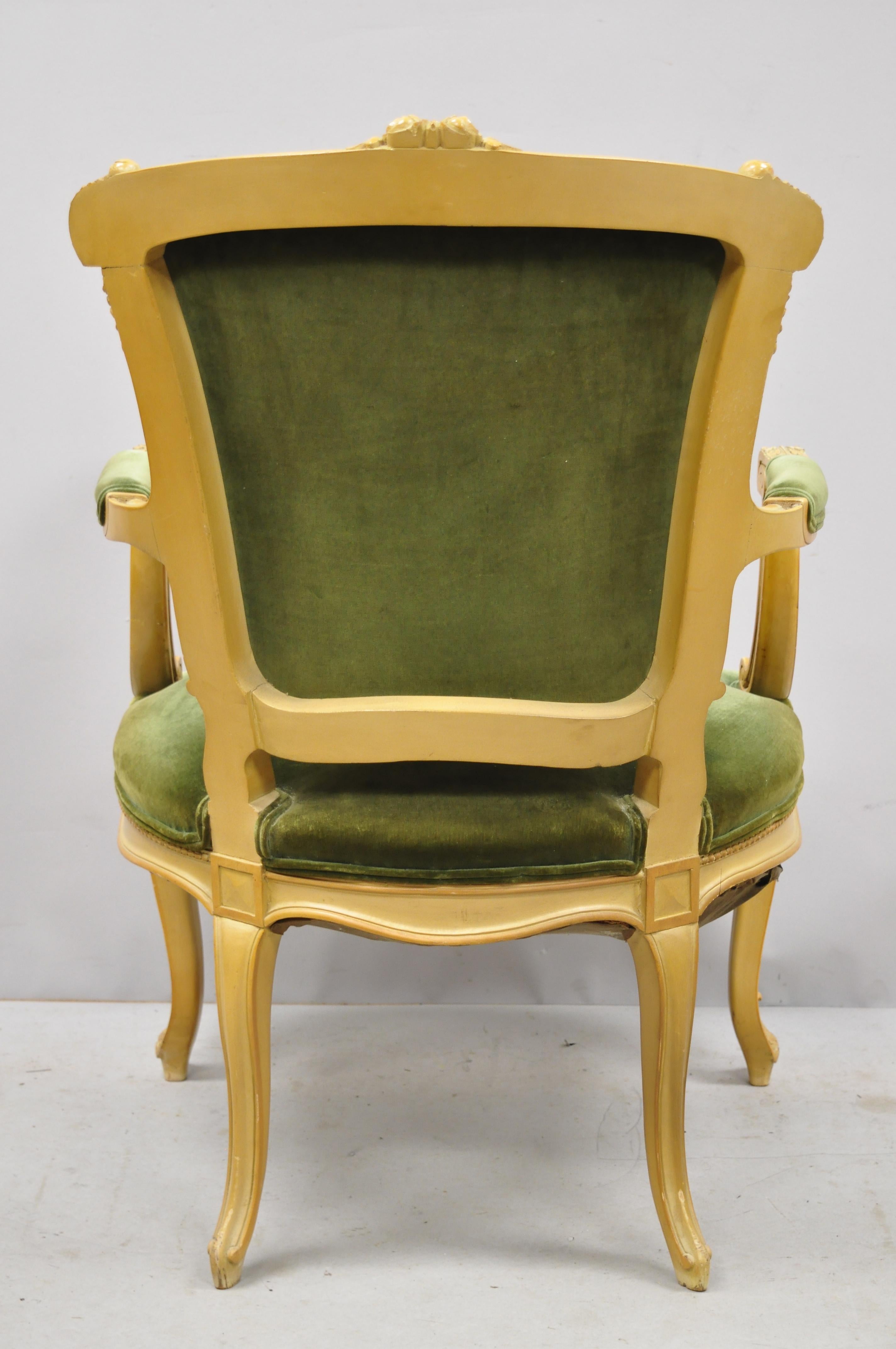 Antique French Louis XV Victorian Style Fauteuil Green Velvet Parlor Armchair 3