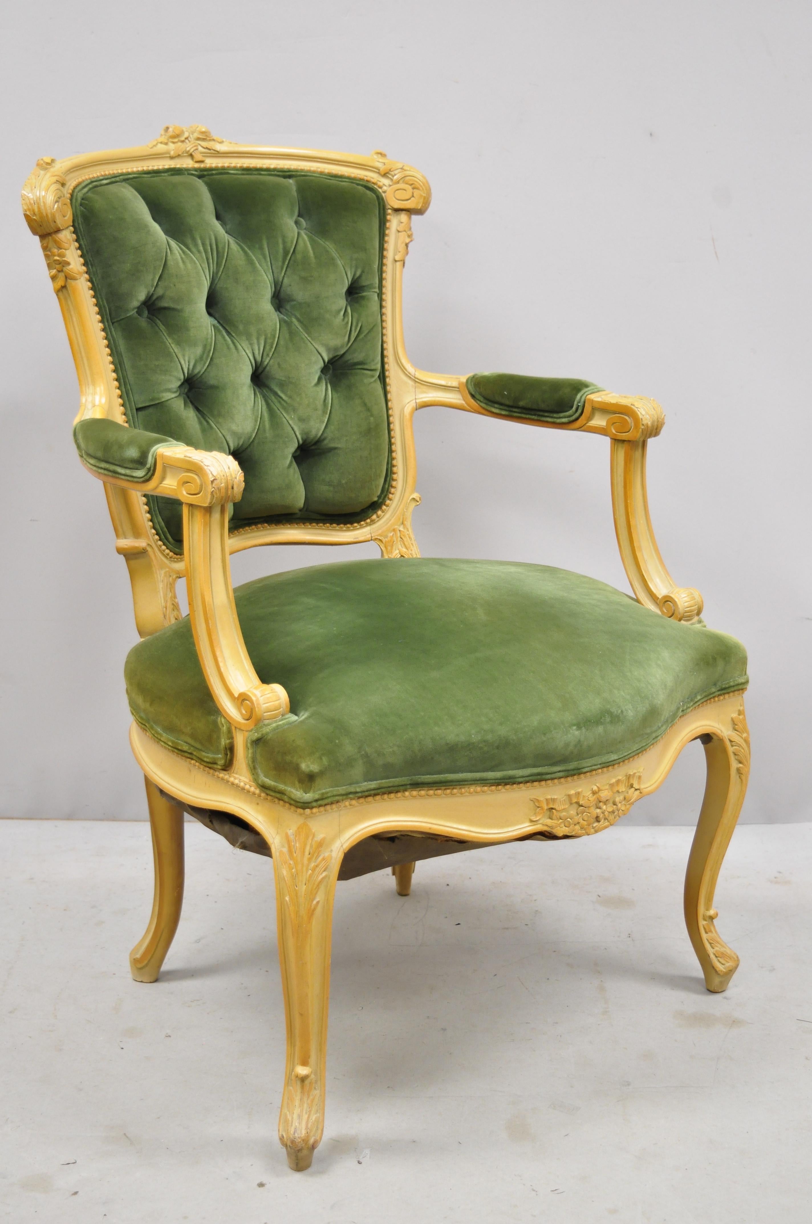 Antique French Louis XV Victorian Style Fauteuil Green Velvet Parlor Armchair 5