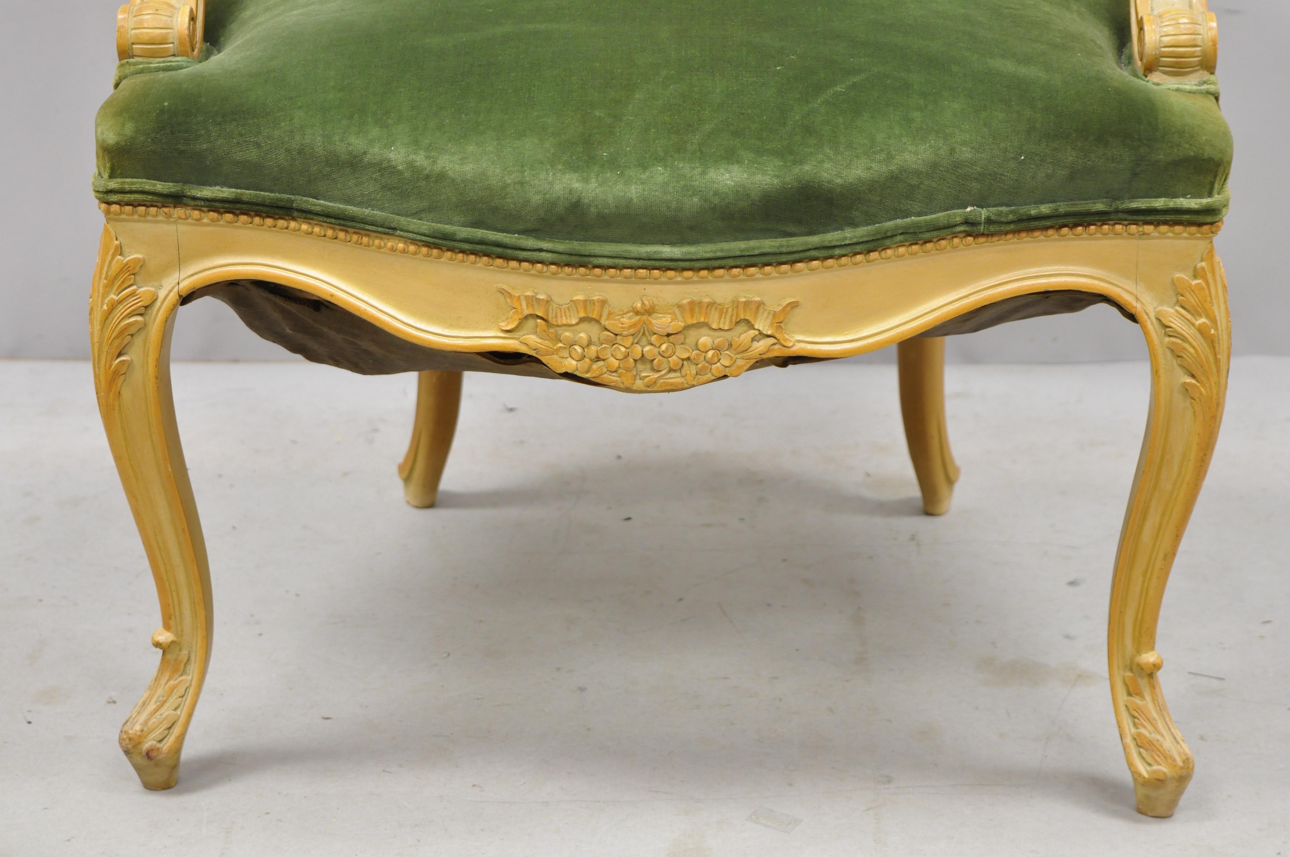 Antique French Louis XV Victorian Style Fauteuil Green Velvet Parlor Armchair In Good Condition In Philadelphia, PA