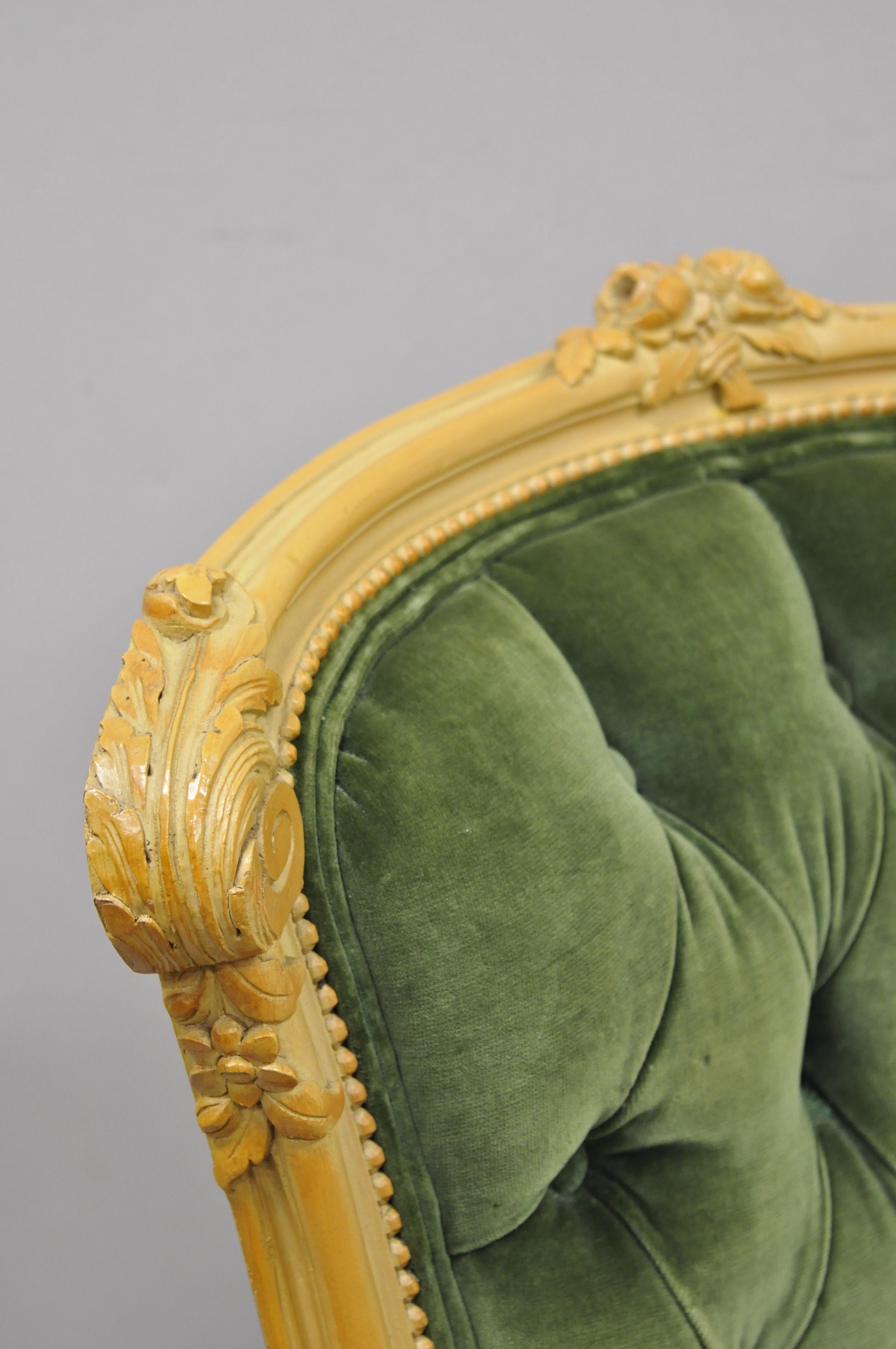 20th Century Antique French Louis XV Victorian Style Fauteuil Green Velvet Parlor Armchair