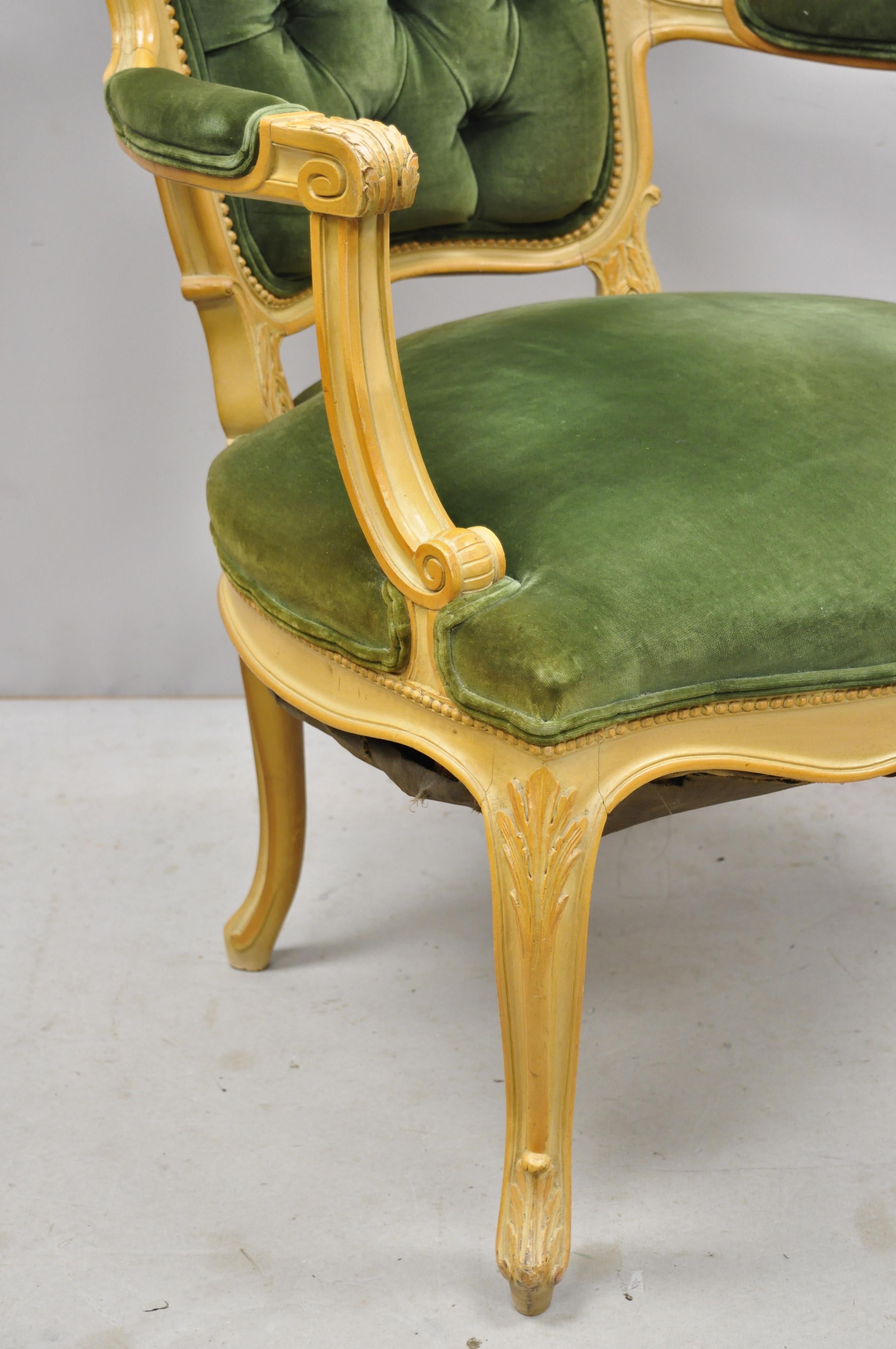 Antique French Louis XV Victorian Style Fauteuil Green Velvet Parlor Armchair 1
