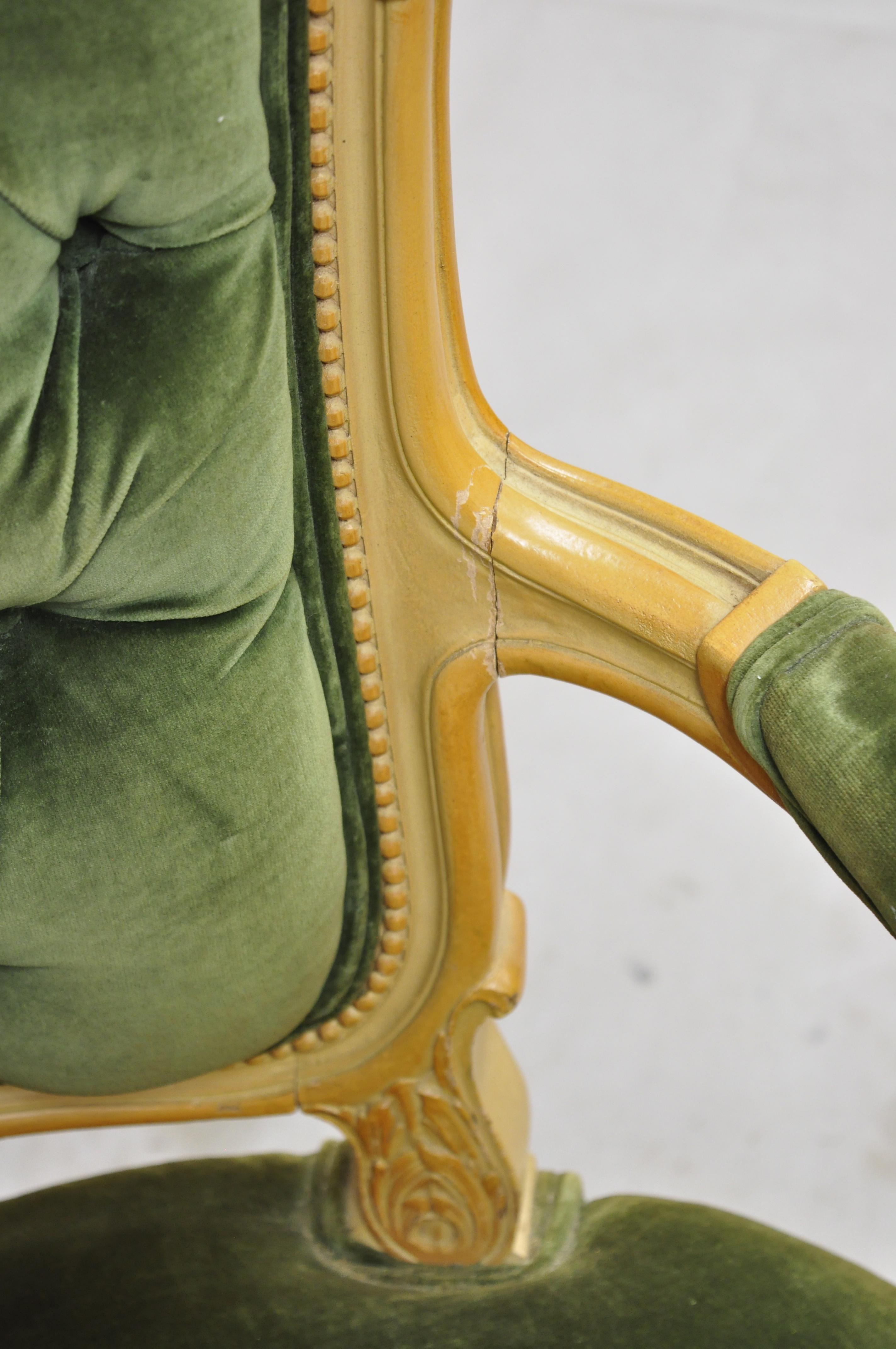 Antique French Louis XV Victorian Style Fauteuil Green Velvet Parlor Armchair 2