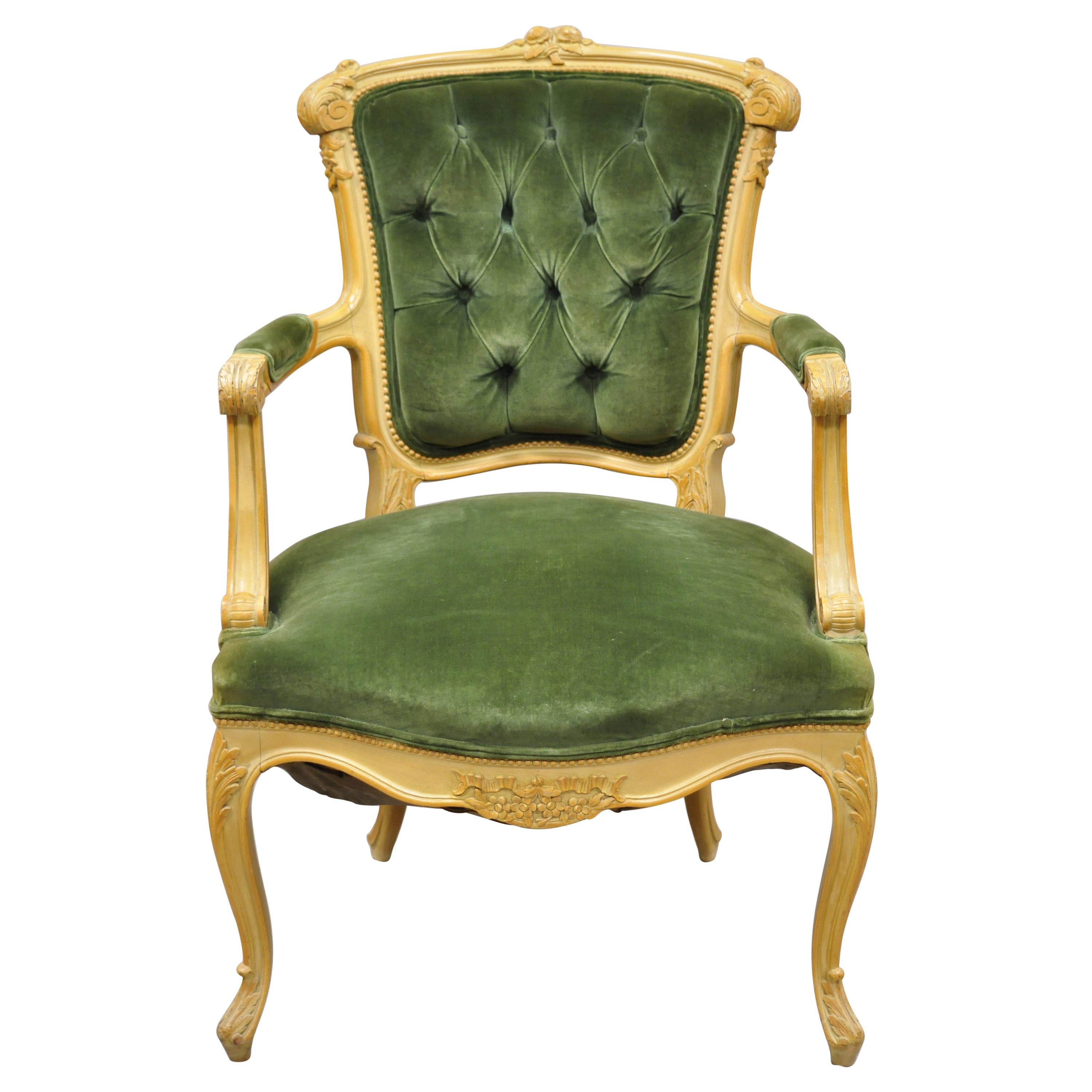 Antique French Louis XV Victorian Style Fauteuil Green Velvet