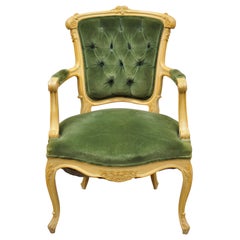 Antique French Louis XV Victorian Style Fauteuil Green Velvet Parlor Armchair