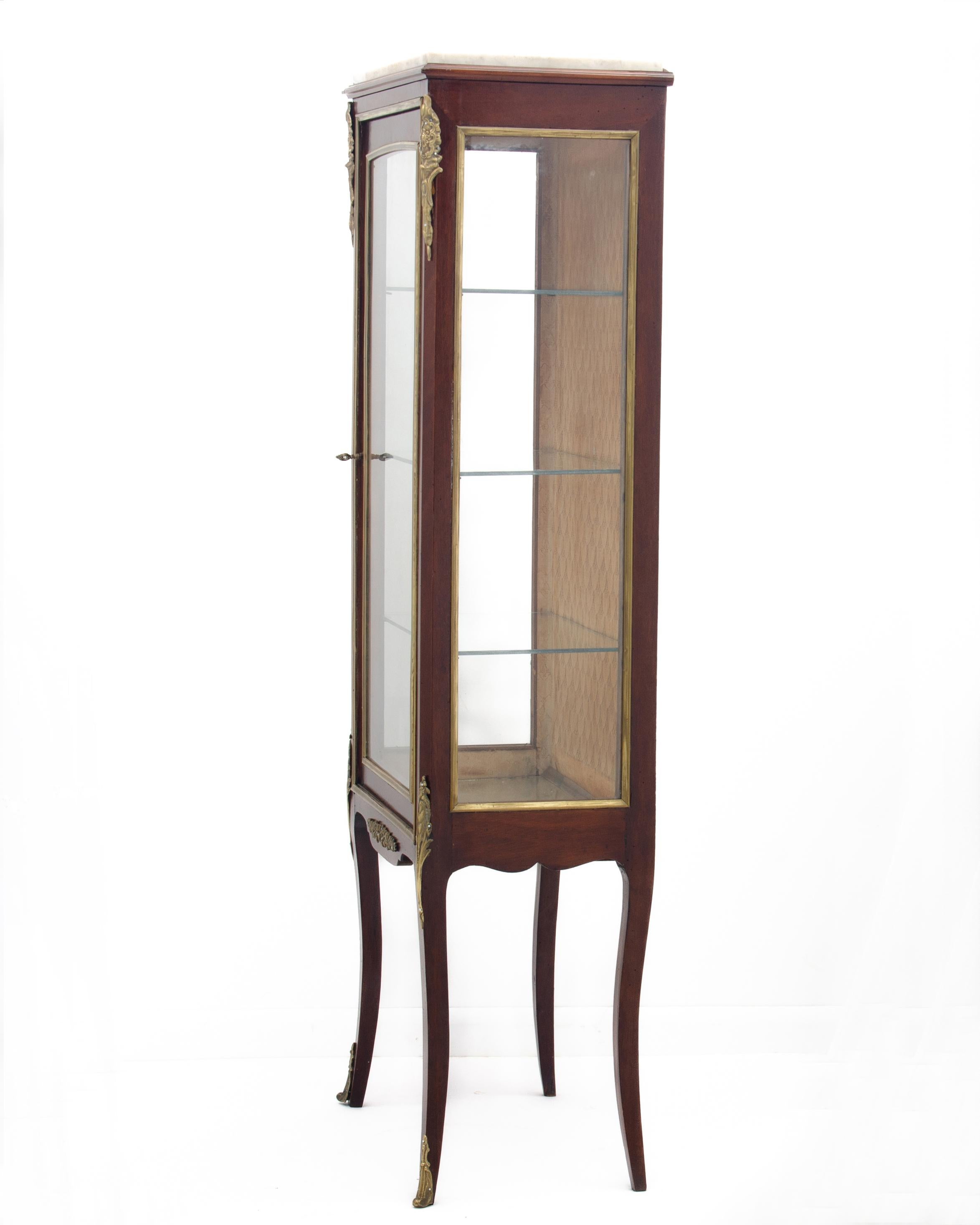 20th Century Antique French Louis XV Vitrine Display Fruitwood Ormolu Brass Marble Cabinet For Sale
