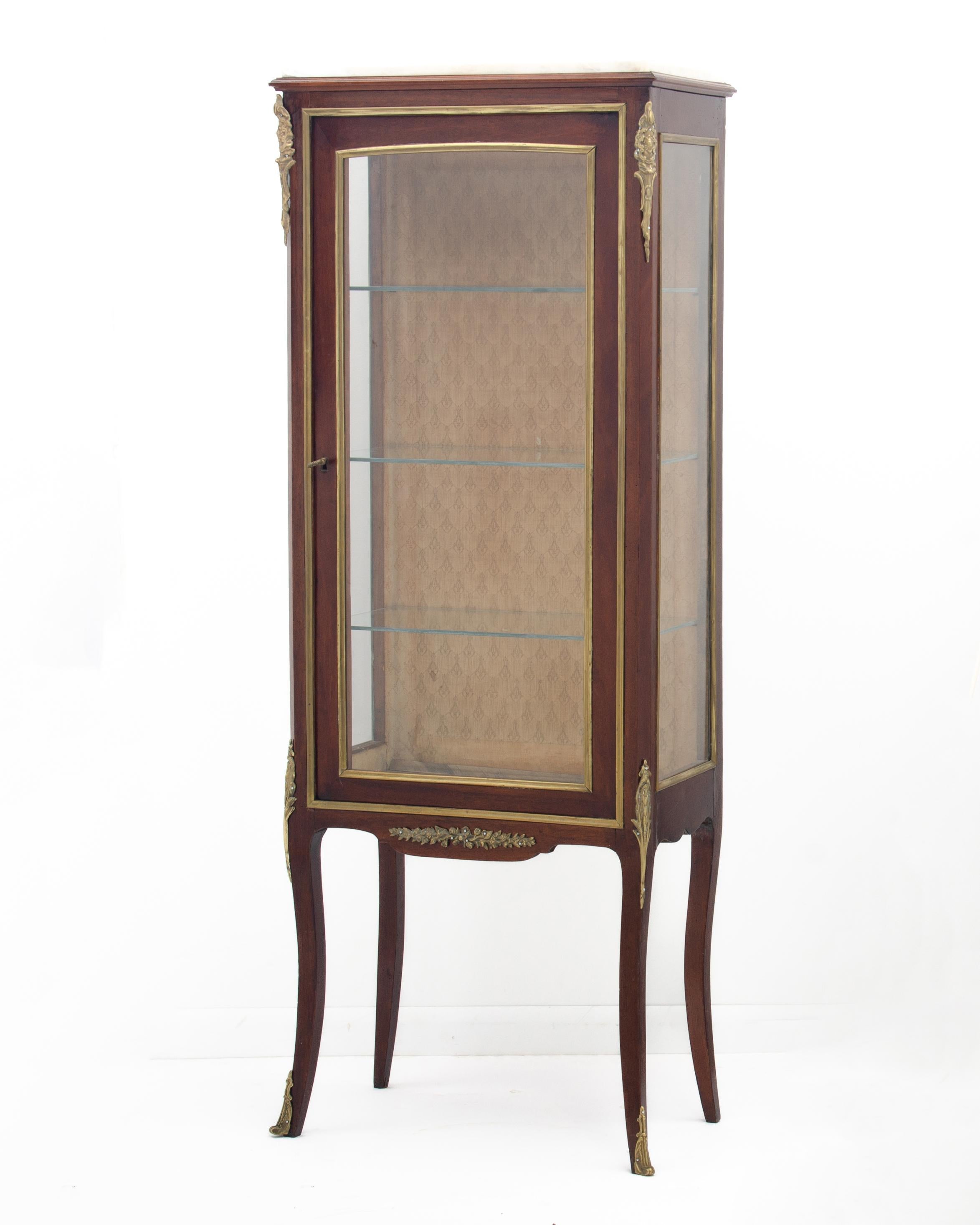 Antique French Louis XV Vitrine Display Fruitwood Ormolu Brass Marble Cabinet For Sale 1