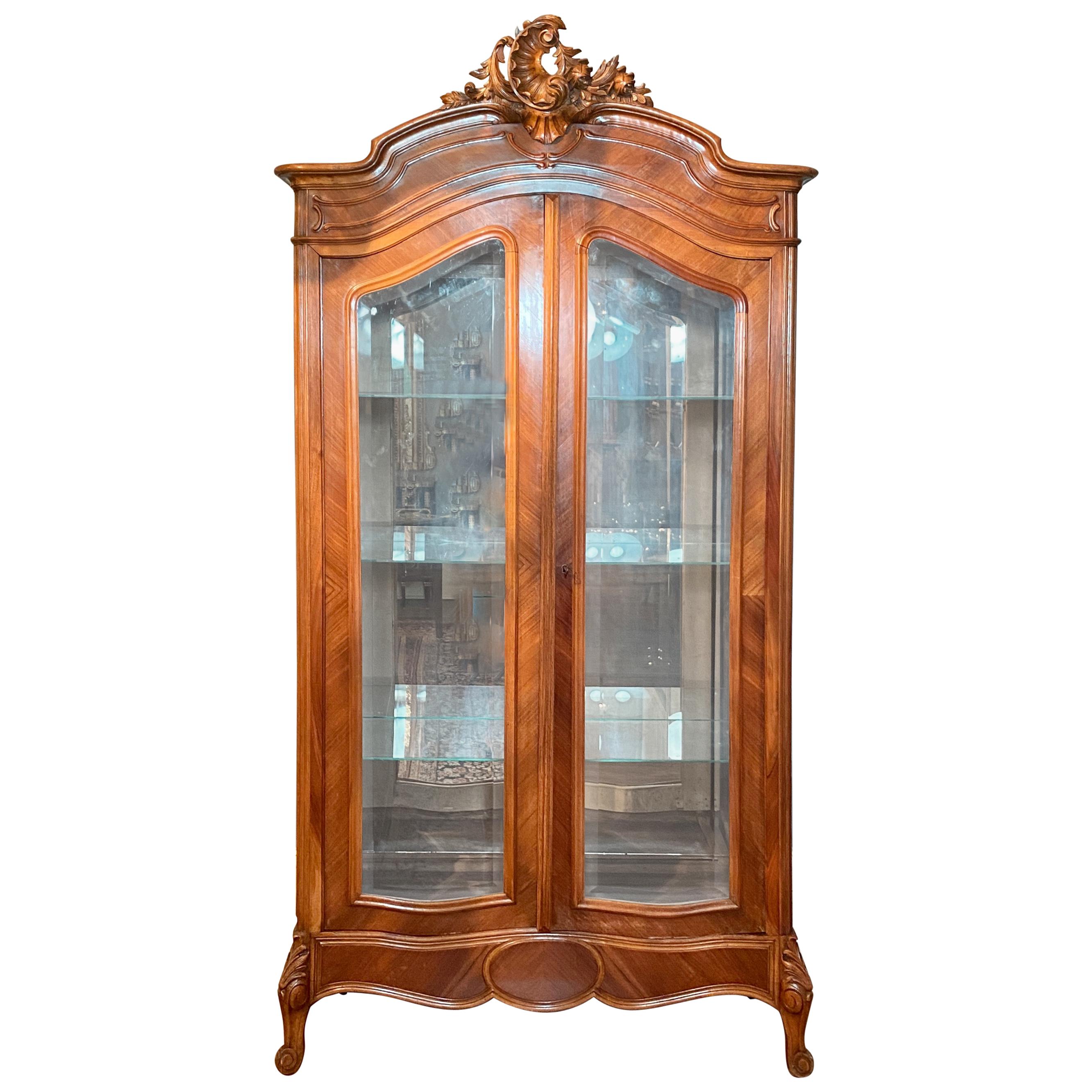Antique French Louis XV Walnut and Glass Vitrine Cabinet, Circa 1880