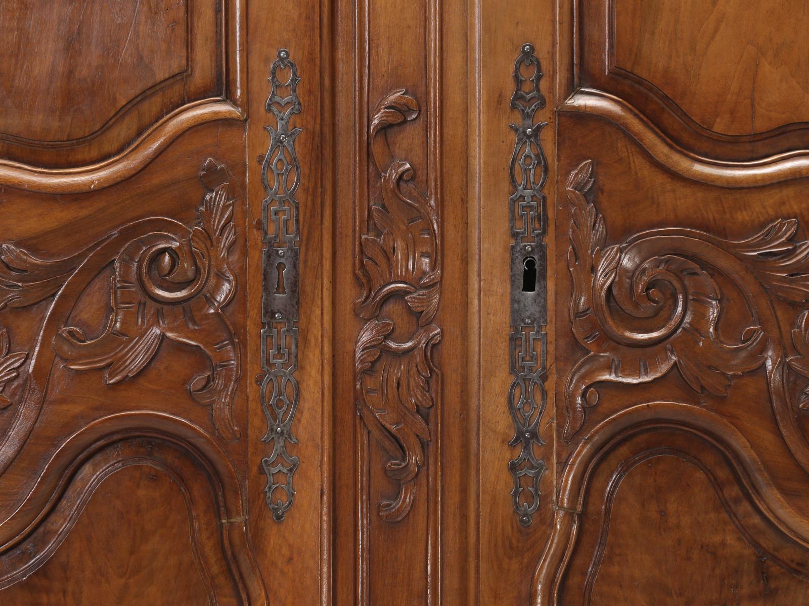Mid-18th Century Antique French Large Louis XV Walnut Armoire, c1700's Restored Pierced Fretwork For Sale