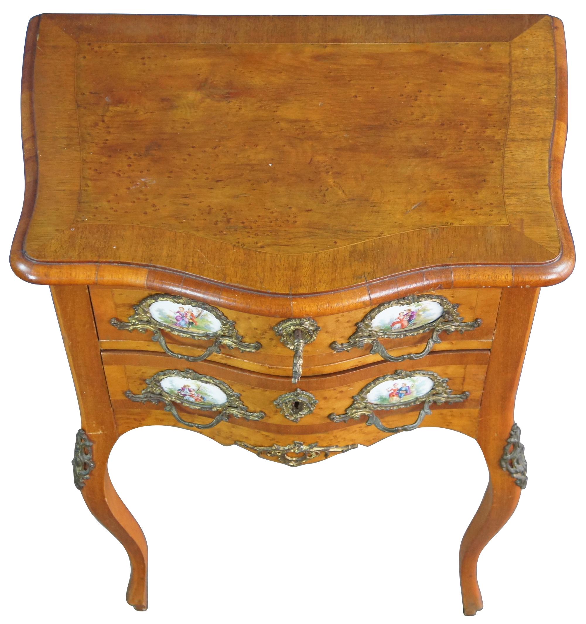 Antique French Louis XV Walnut Birdseye Chest Side Table Porcelain Sevres Ormolu In Good Condition In Dayton, OH