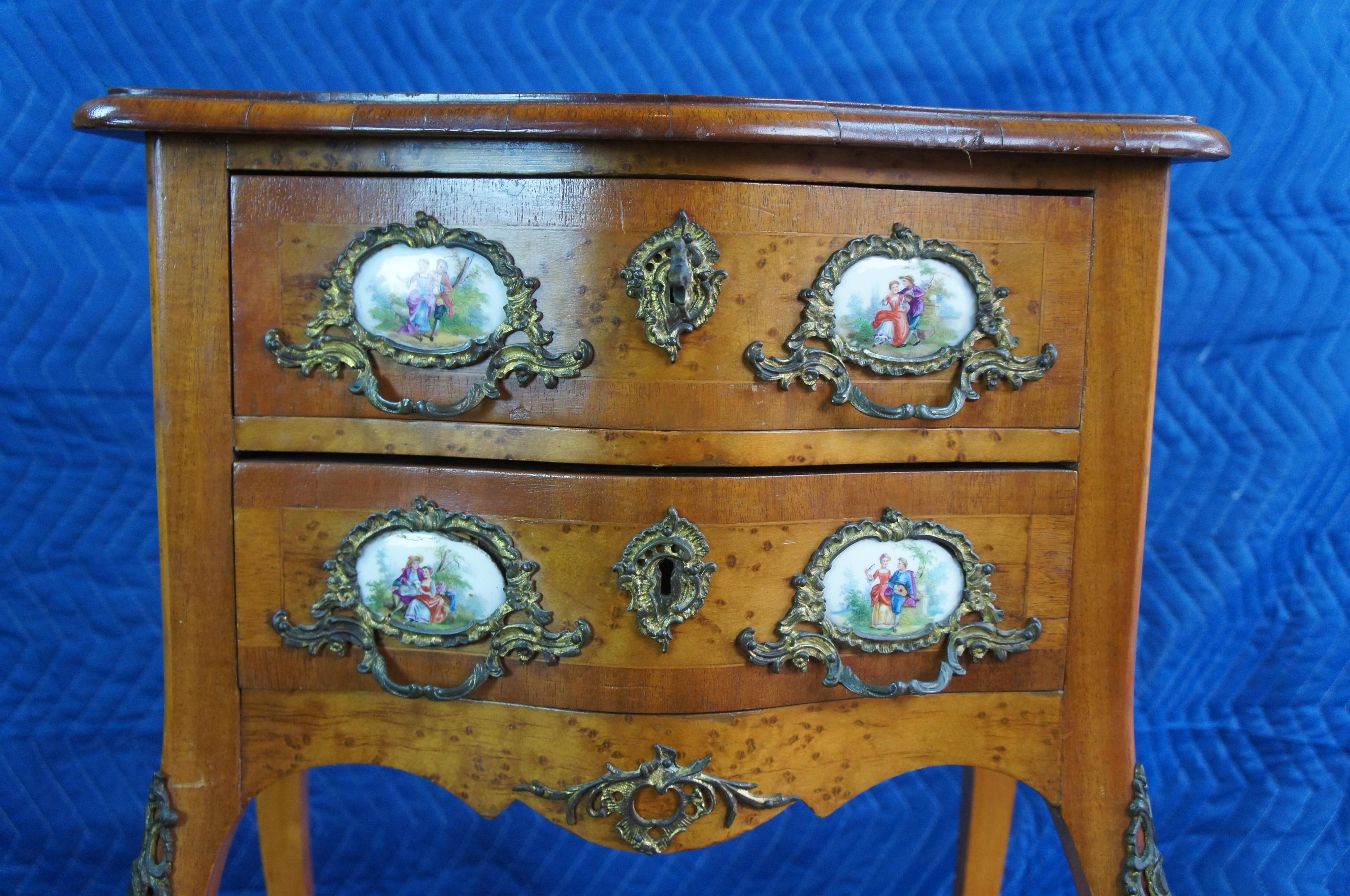 Antique French Louis XV Walnut Birdseye Chest Side Table Porcelain Sevres Ormolu 1