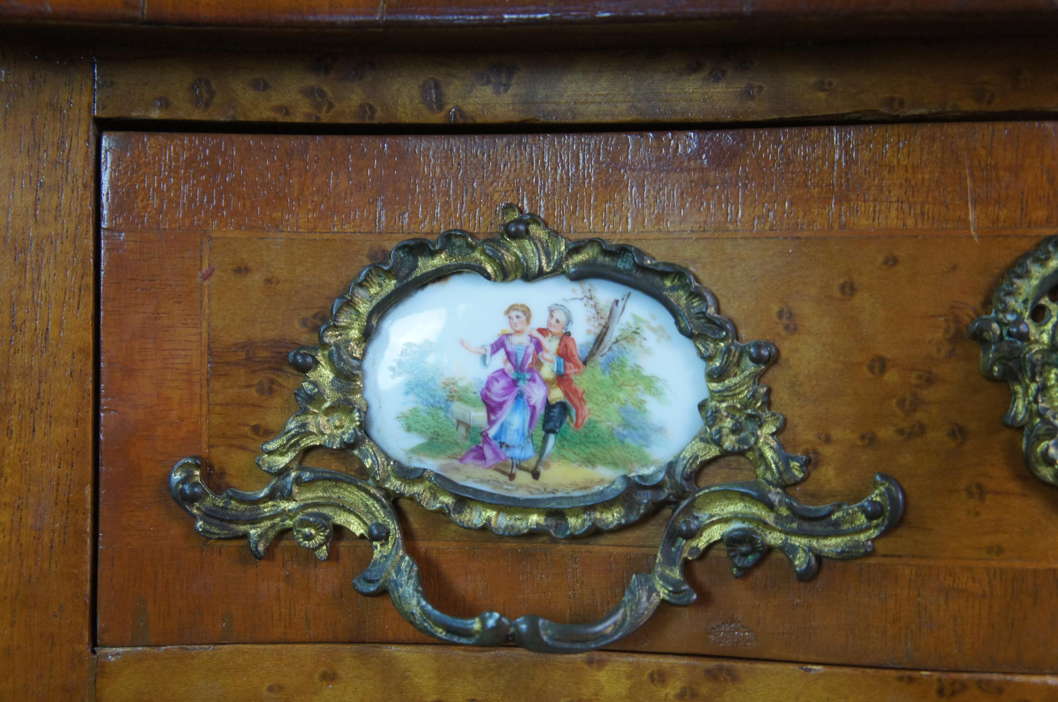 Antique French Louis XV Walnut Birdseye Chest Side Table Porcelain Sevres Ormolu 2