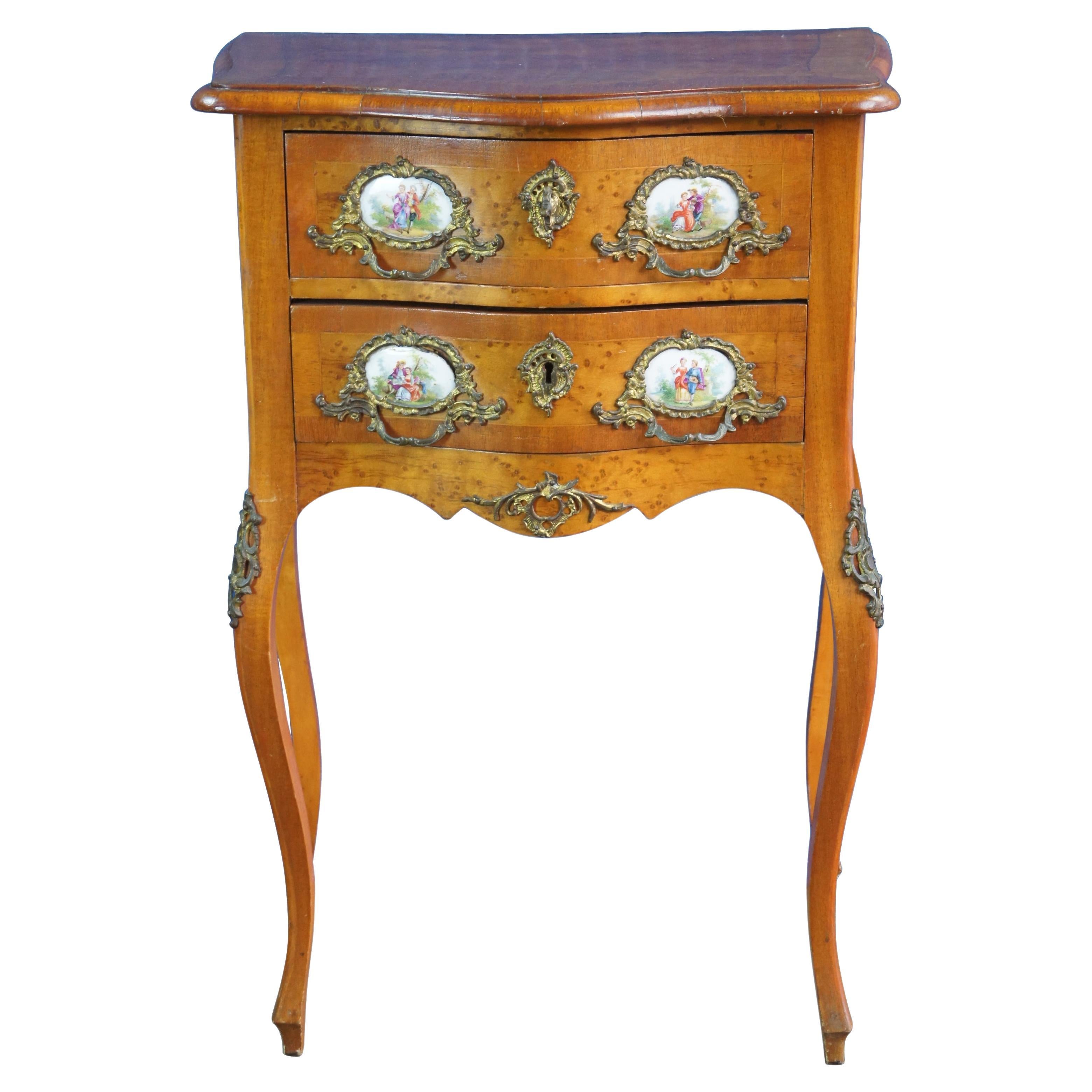 Antique French Louis XV Walnut Birdseye Chest Side Table Porcelain Sevres Ormolu