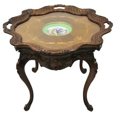 Antique French Louis XV Walnut Coffee Table w/ Angelica Kauffman Porcelain Dish
